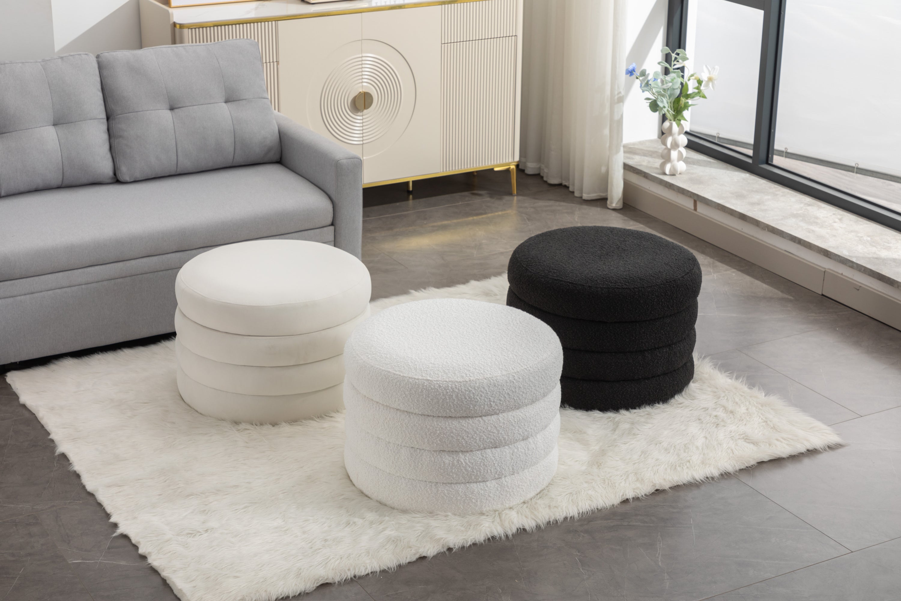 007-Boucle Fabric Storage Round Ottoman Footstool With Wooden Shelving,Ivory