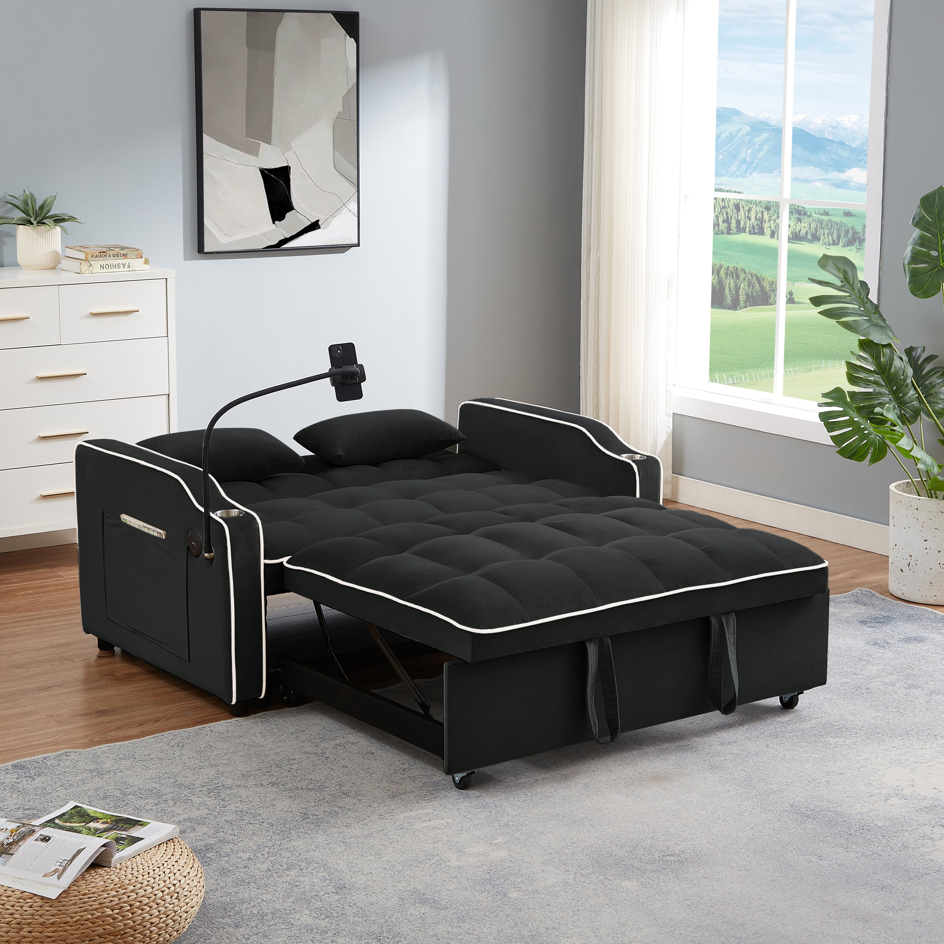 1 versatile foldable sofa bed in 3 lengths, modern sofa sofa sofa velvet pull-out bed, adjustable back and with USB port and ashtray and swivel phone stand (black)