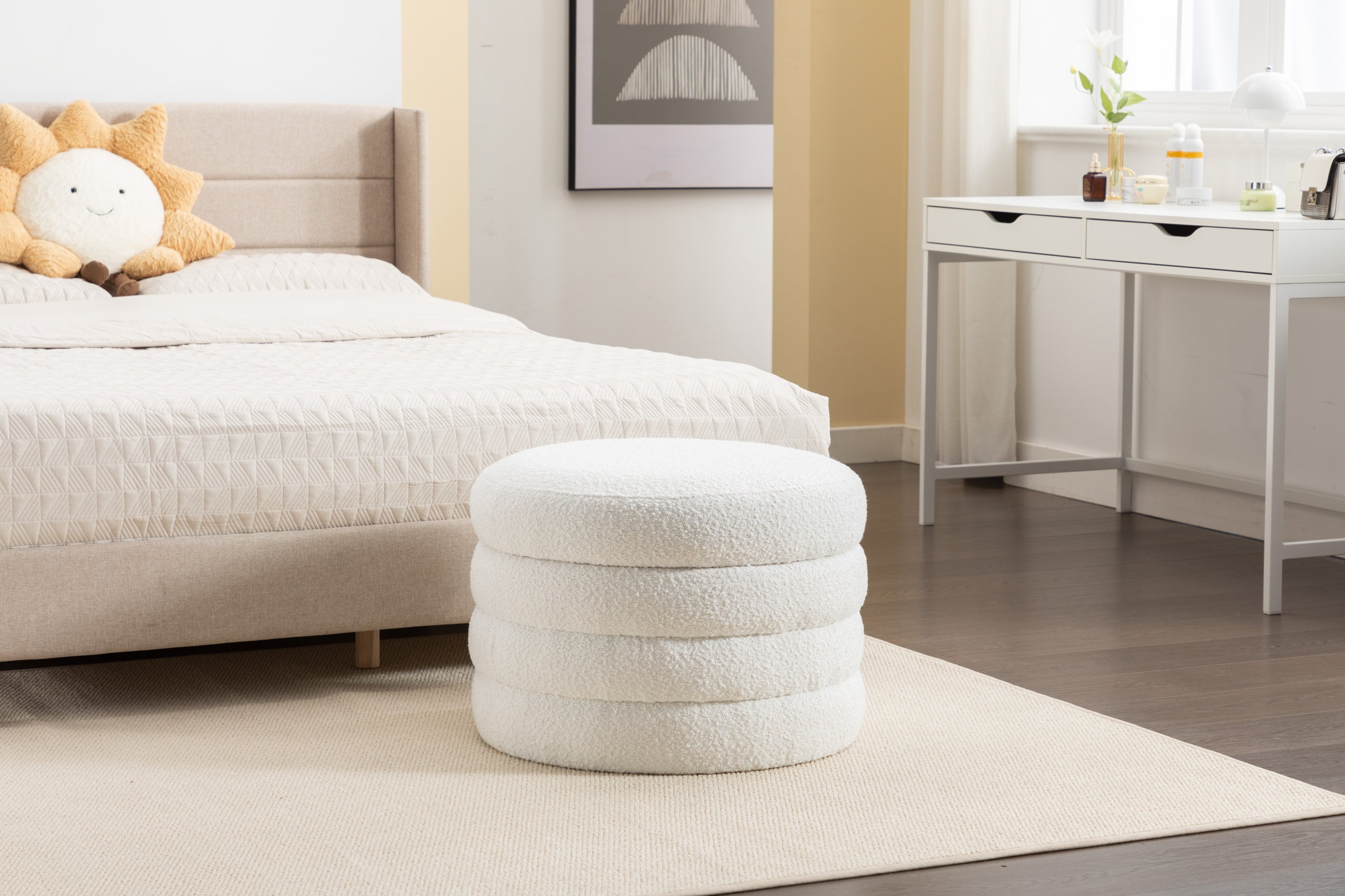 007-Boucle Fabric Storage Round Ottoman Footstool With Wooden Shelving,Ivory