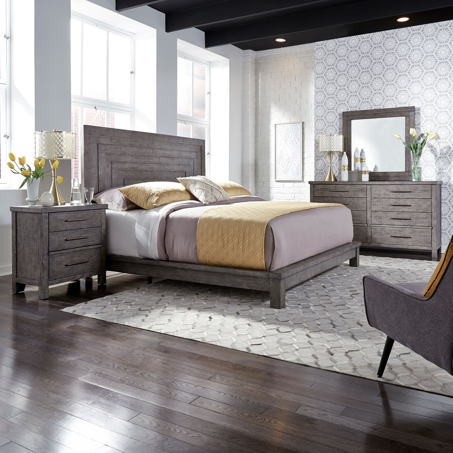 Bella-Esme Queen Platform Bed, Dresser & Mirror, Night Stand