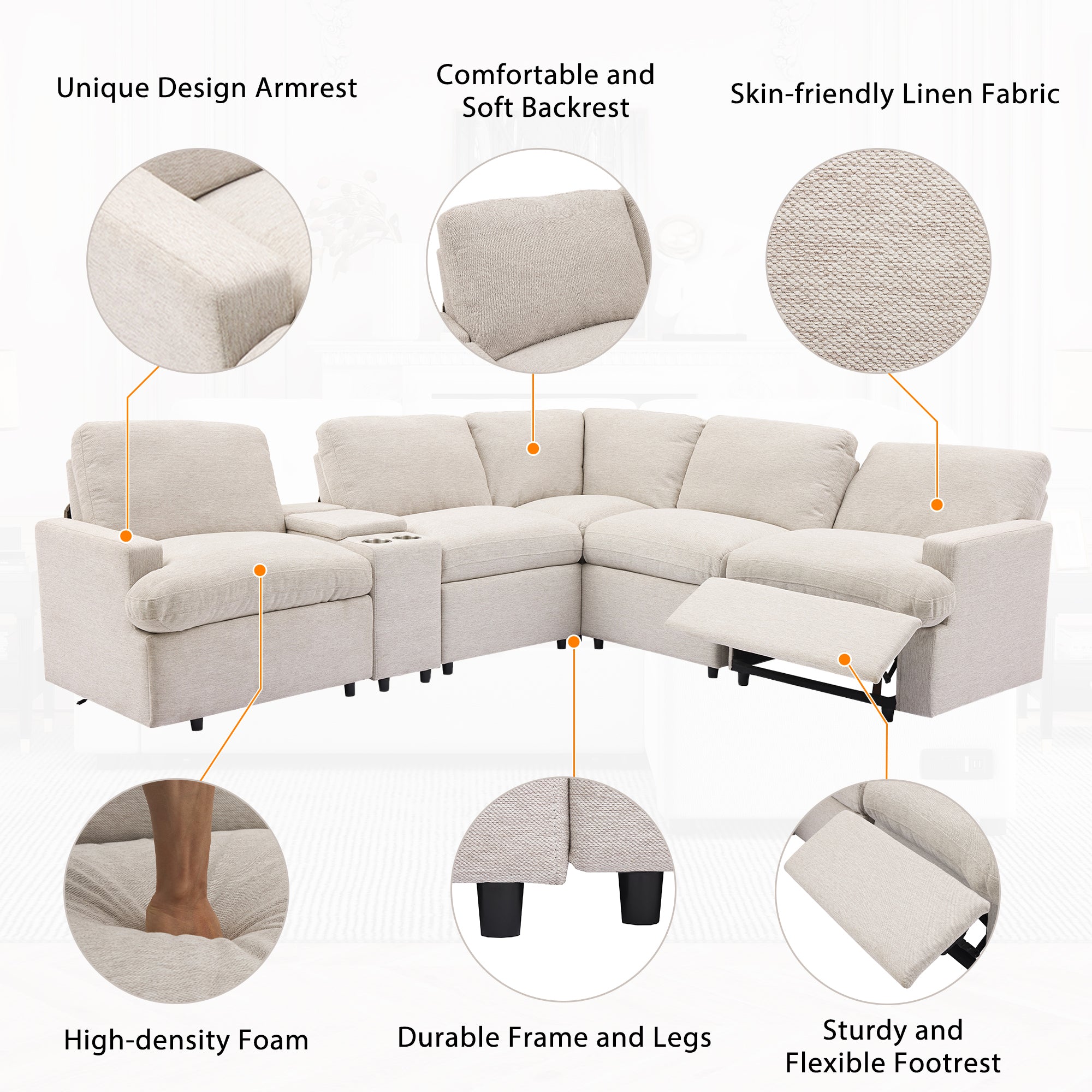 104'' Power Recliner Corner Sofa Home Theater Reclining Sofa Sectional Couches with Storage Box, Cup Holders, USB Ports and Power Socket for Living Room, Beige