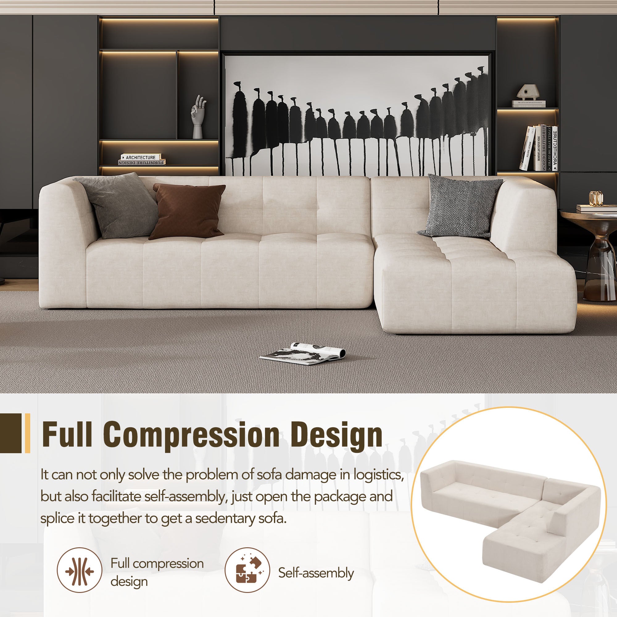 110.2*72.8" Modular Modular Combination Living Room Sofa Set, Modern Minimalist Sofa, Living Room Upholstered Sofa Bed, Bedroom, 2pcs Computer Free Combination, L-Shaped,Beige