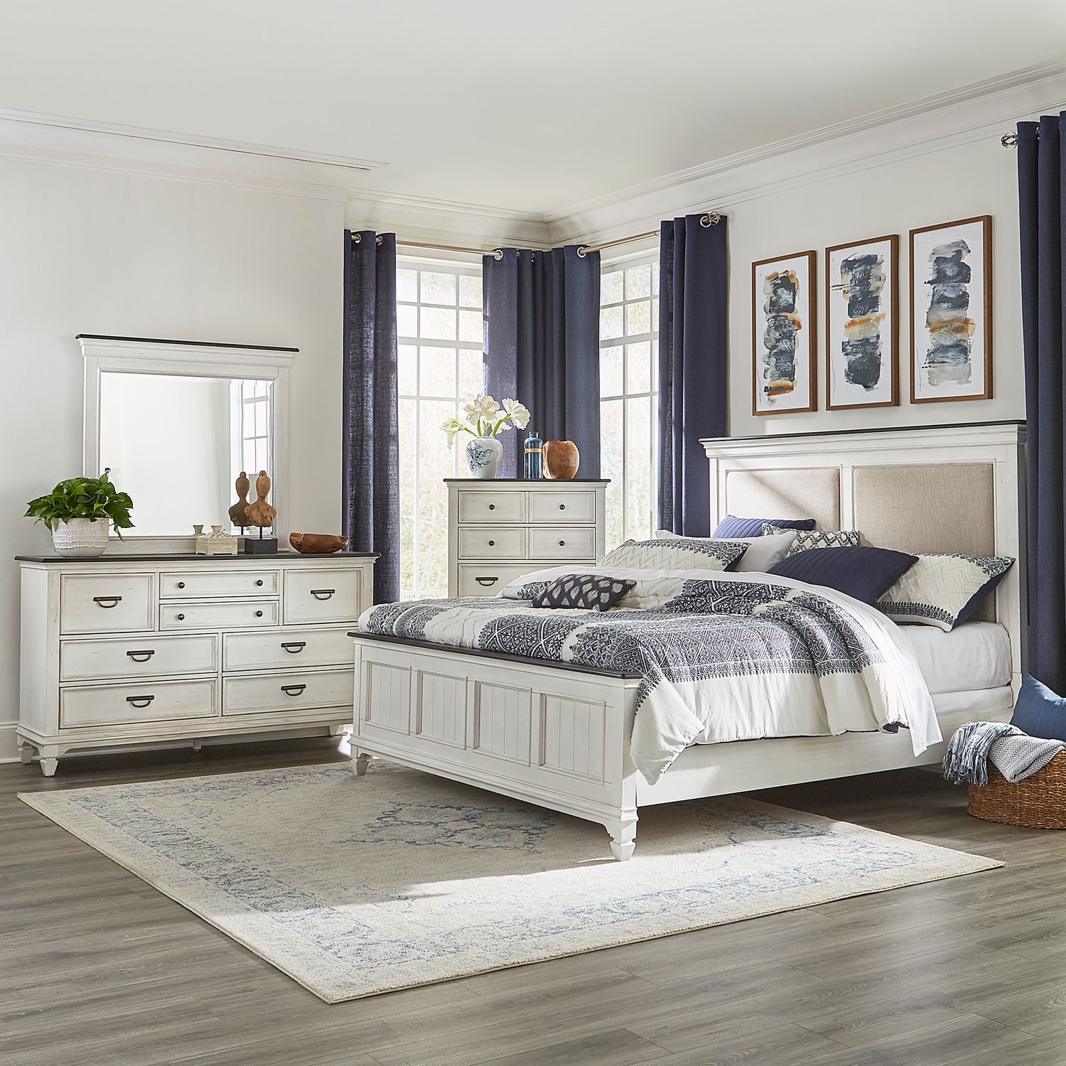 Barratta King Upholstered Bed, Dresser & Mirror, Chest