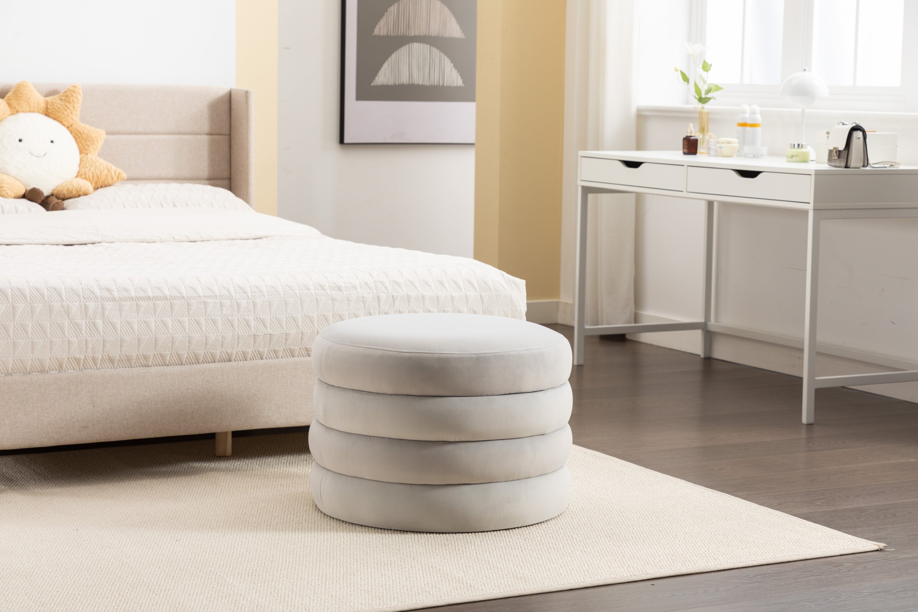 007-Velvet Fabric Storage Round Ottoman Footstool With Wooden Shelving,Light Gray