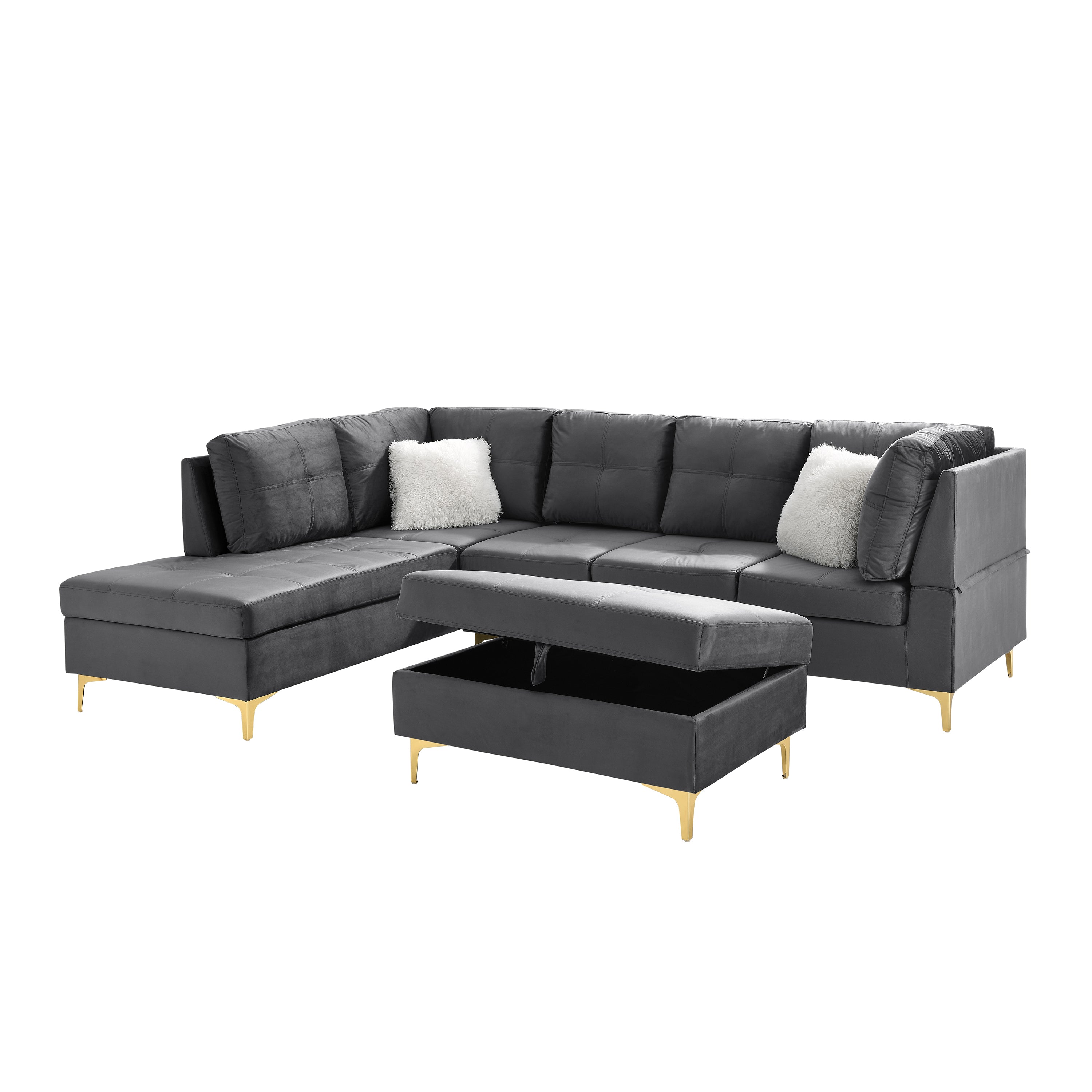 103" Velvet Sectional Sofa, L Shape Corner Couch with Storage Ottoman for Living Room, Gray Fabric, Pocket Coil Spring in Seats, Chaise face Left