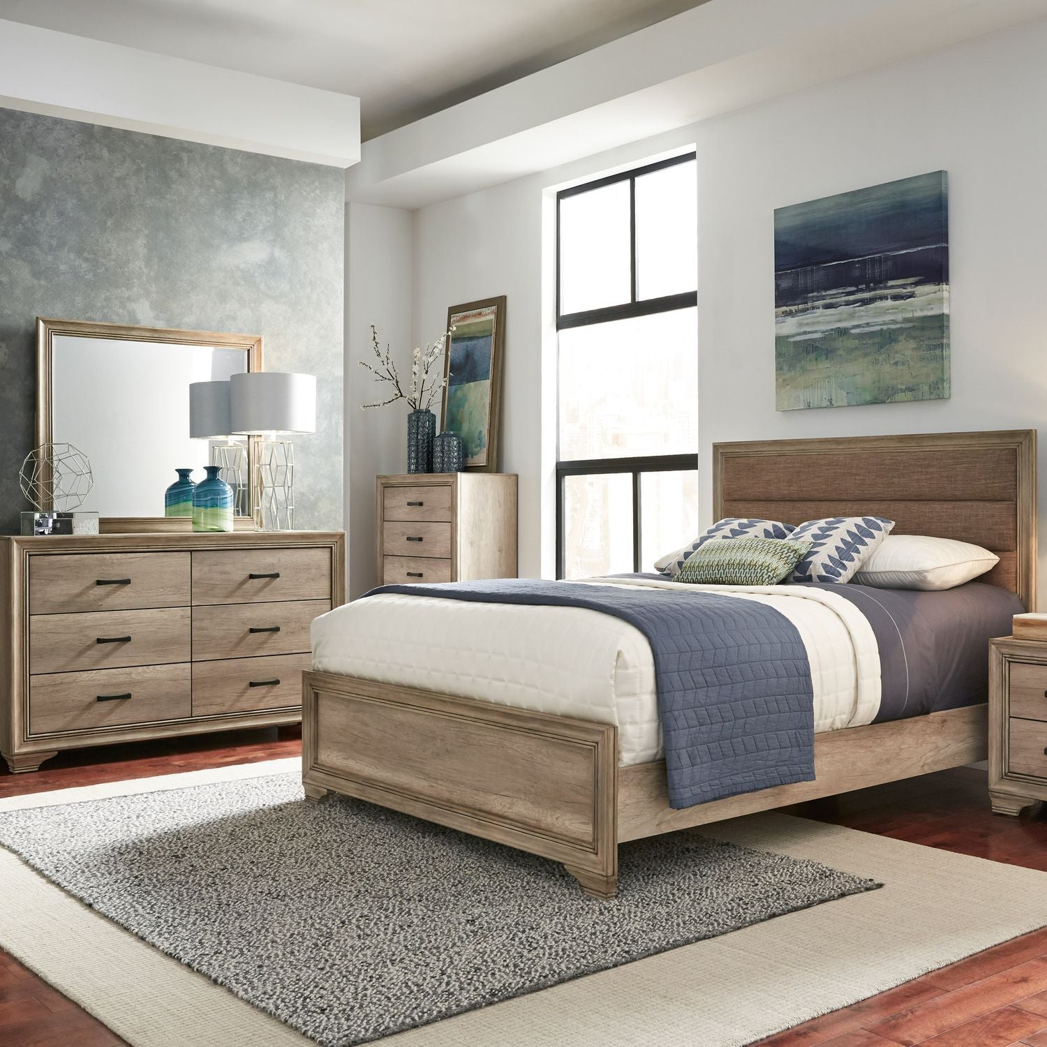 Aniaya King Upholstered Bed, Dresser & Mirror, Chest