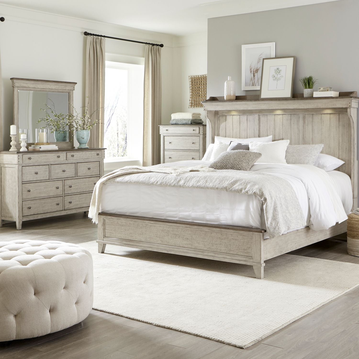 Aniiya King Mantle Bed, Dresser & Mirror, Chest