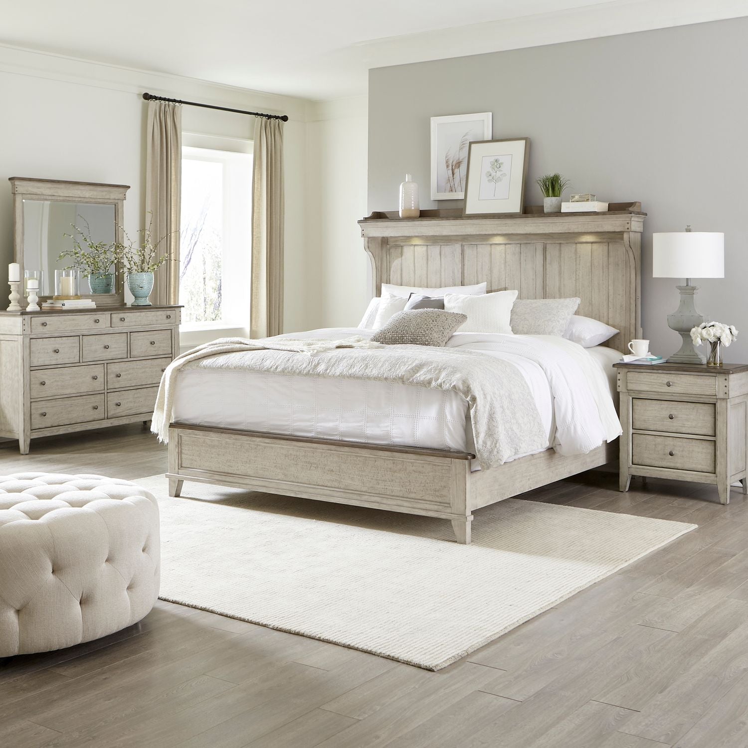 Bonaccord Queen Mantle Bed, Dresser & Mirror, Night Stand