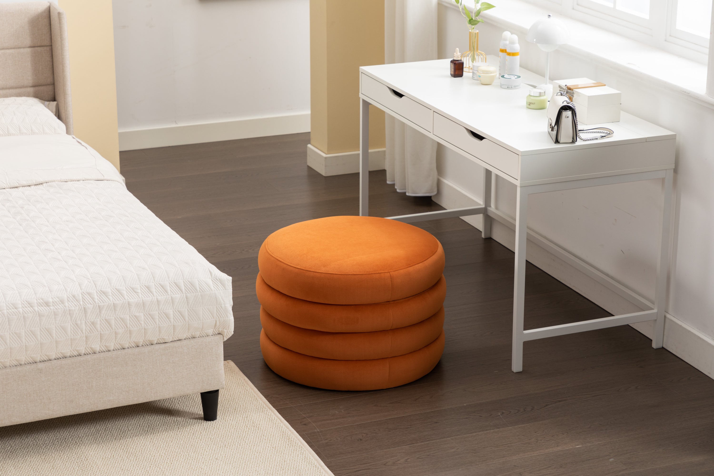 007-Velvet Fabric Storage Round Ottoman Footstool With Wooden Shelving,Orange