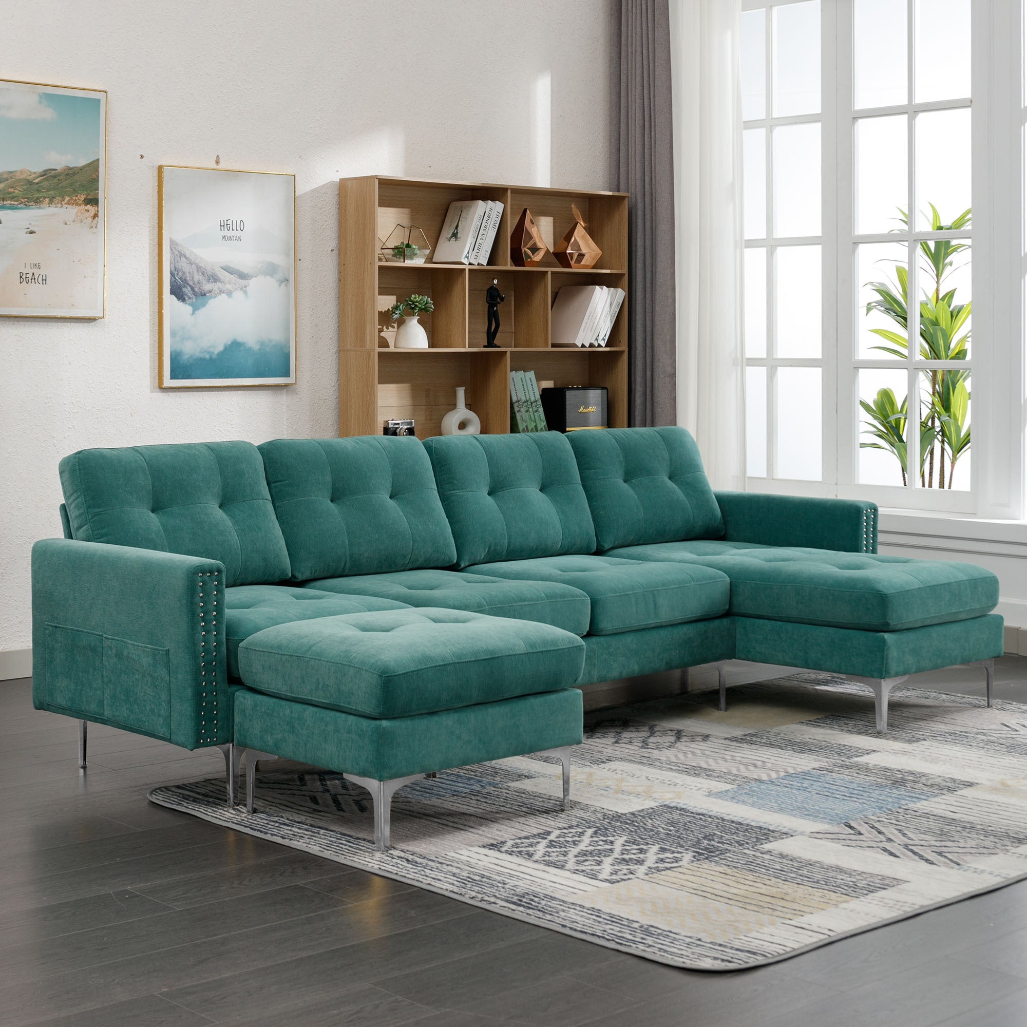 110" L-Shape Convertible Sectional Sofa Couch with Movable Ottoman for Living Room, Apartment, Office, Green