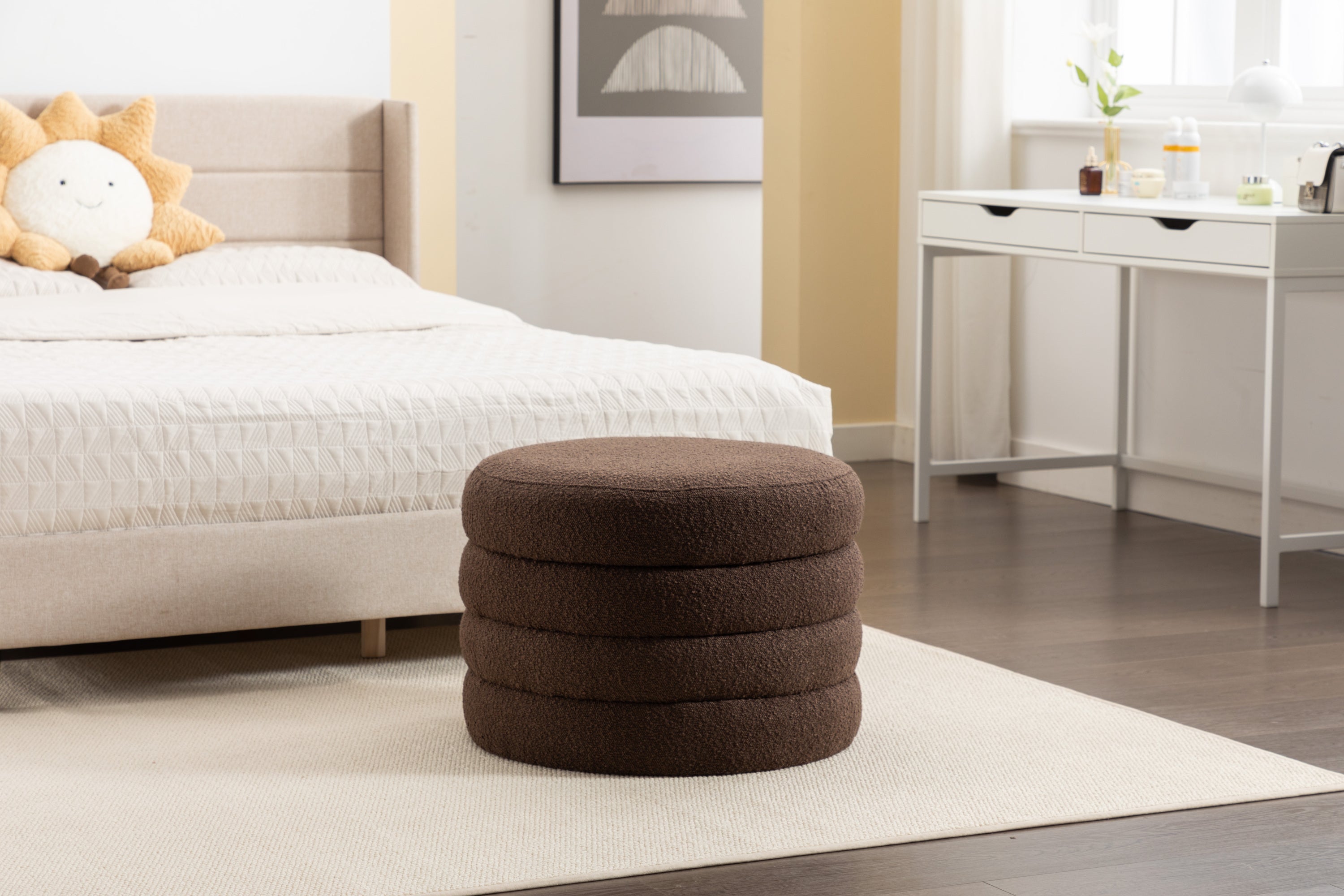 007-Boucle Fabric Storage Round Ottoman Footstool With Wooden Shelving,Brown