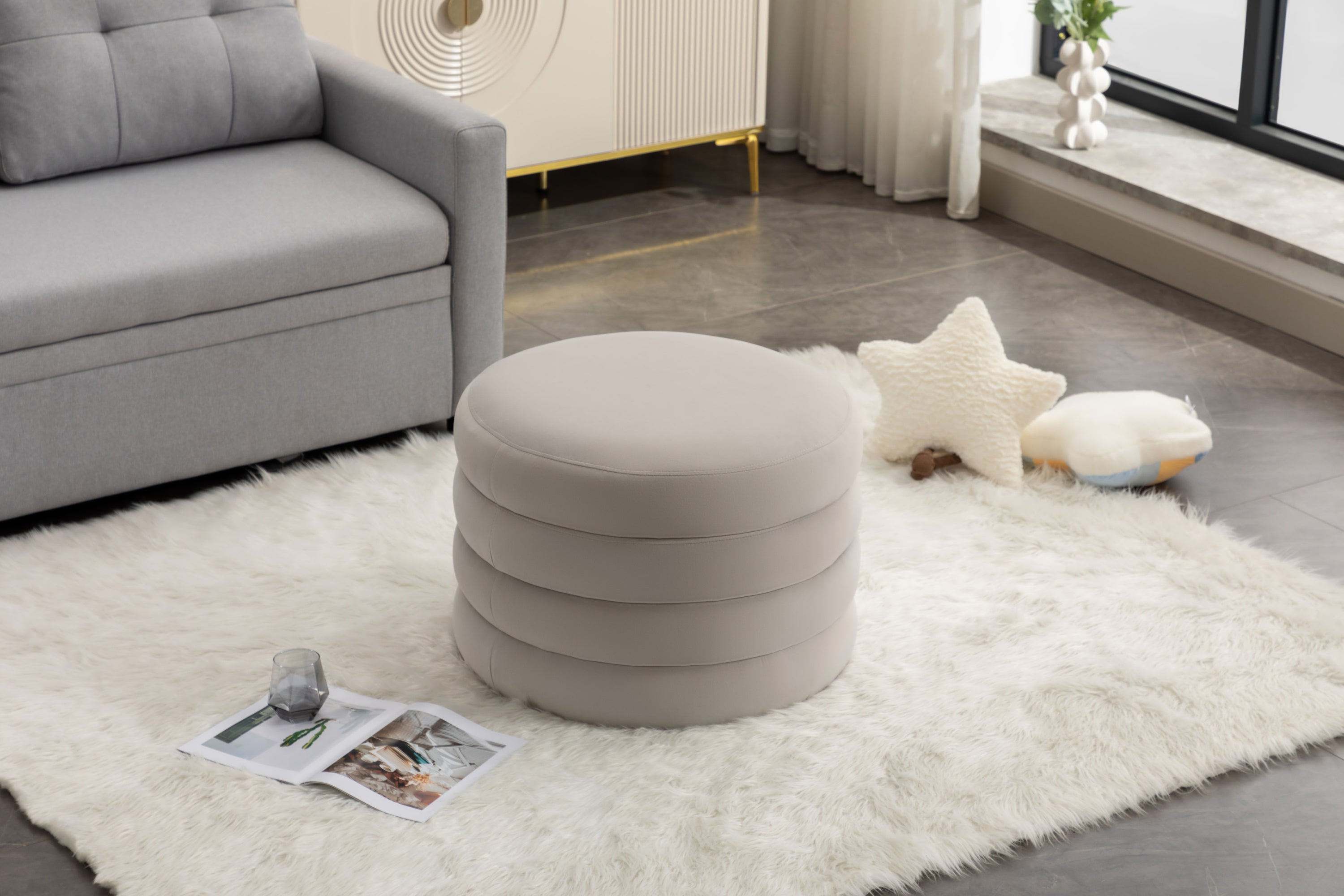 007-Velvet Fabric Storage Round Ottoman Footstool With Wooden Shelving,Light Gray