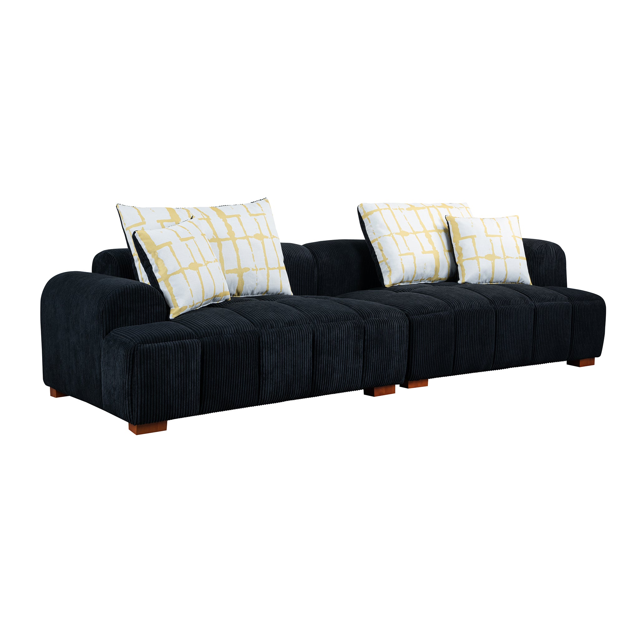 103.9" Modern Couch Corduroy Fabric Comfy Sofa with Rubber Wood Legs, 4 Pillows for Living Room, Bedroom, Office, Black