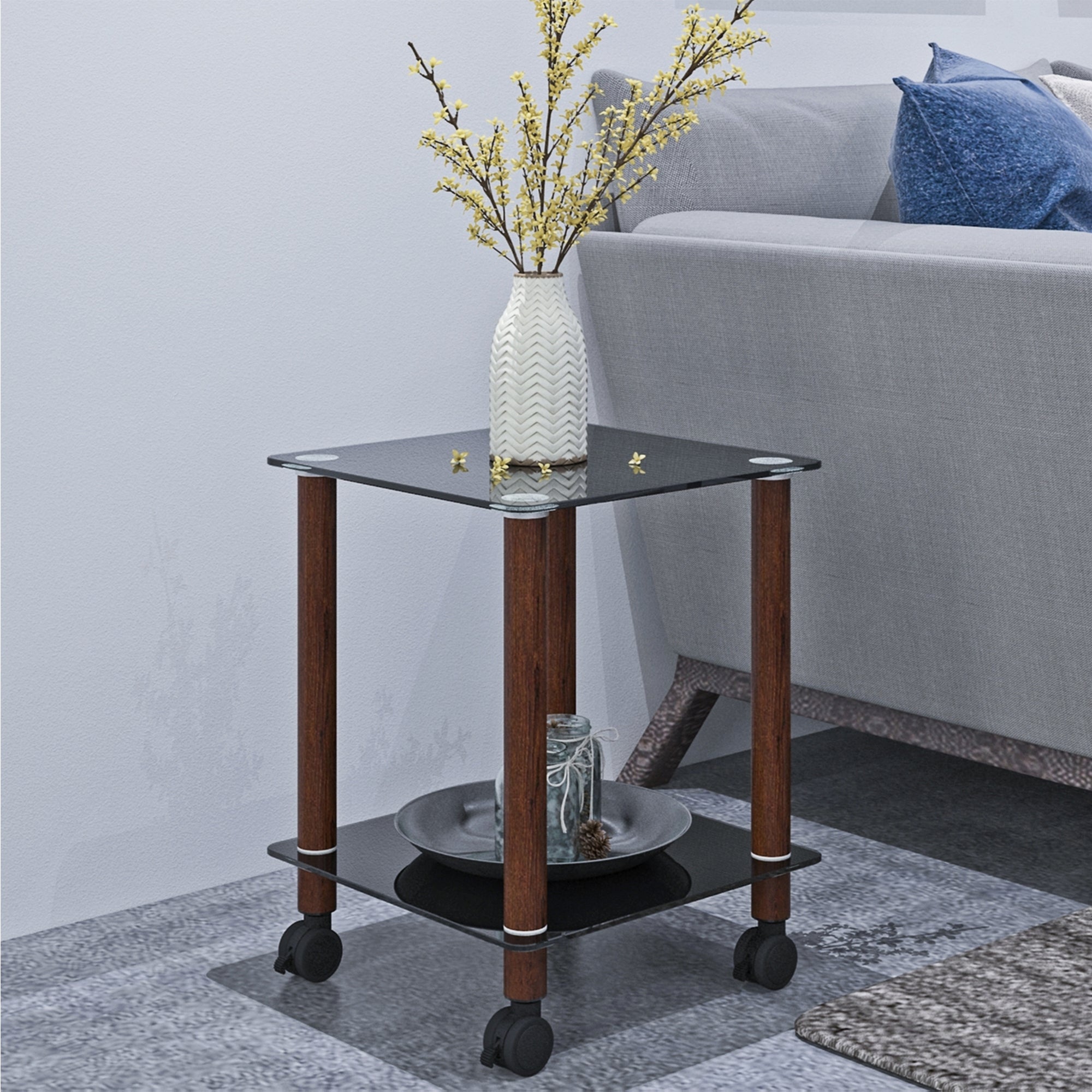 1-Piece Black + Walnut Side Table , 2-Tier Space End Table ,Modern Night Stand, Sofa table, Side Table with Storage Shelve