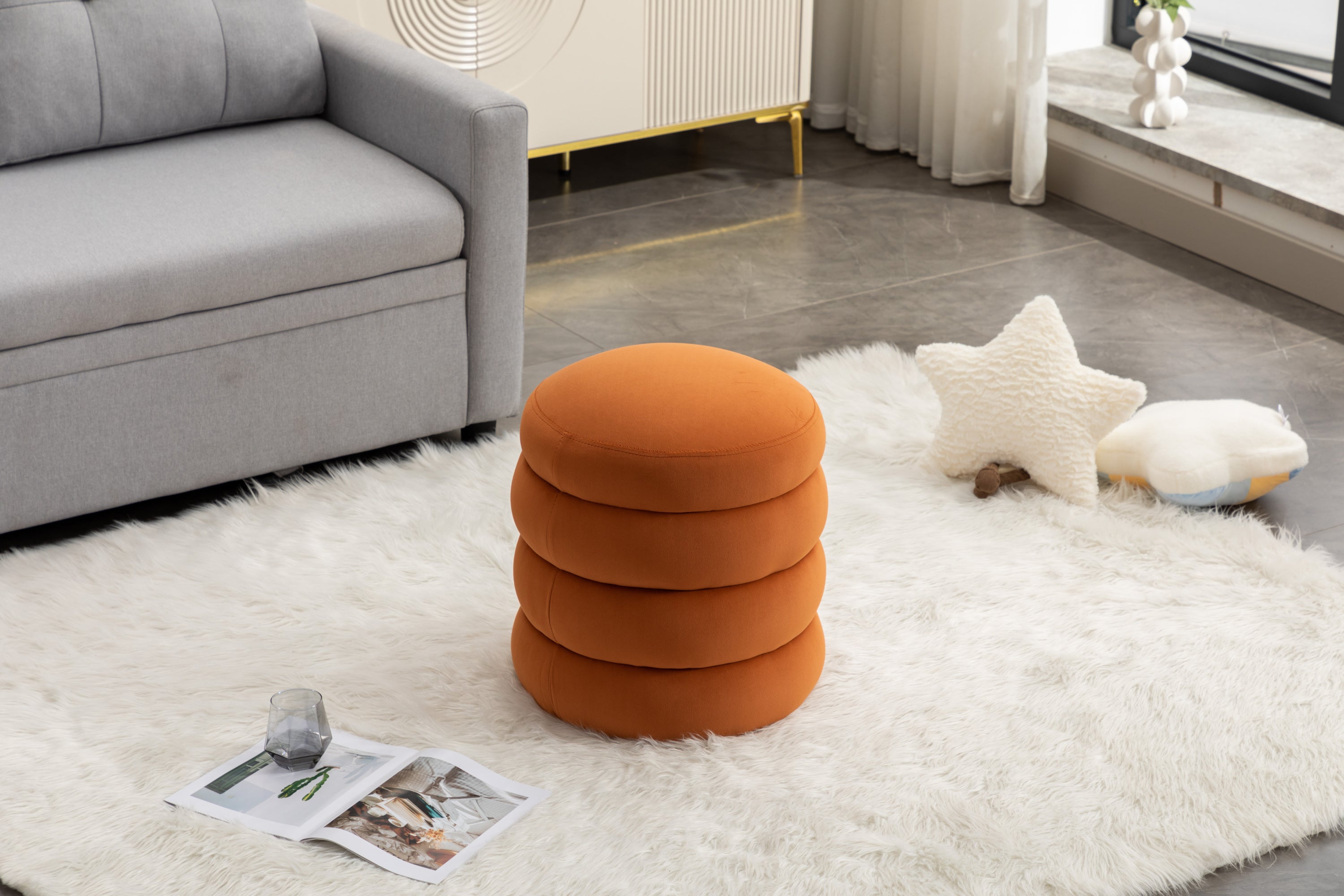 006-Soft Velvet Round Ottoman Footrest Stool,Orange