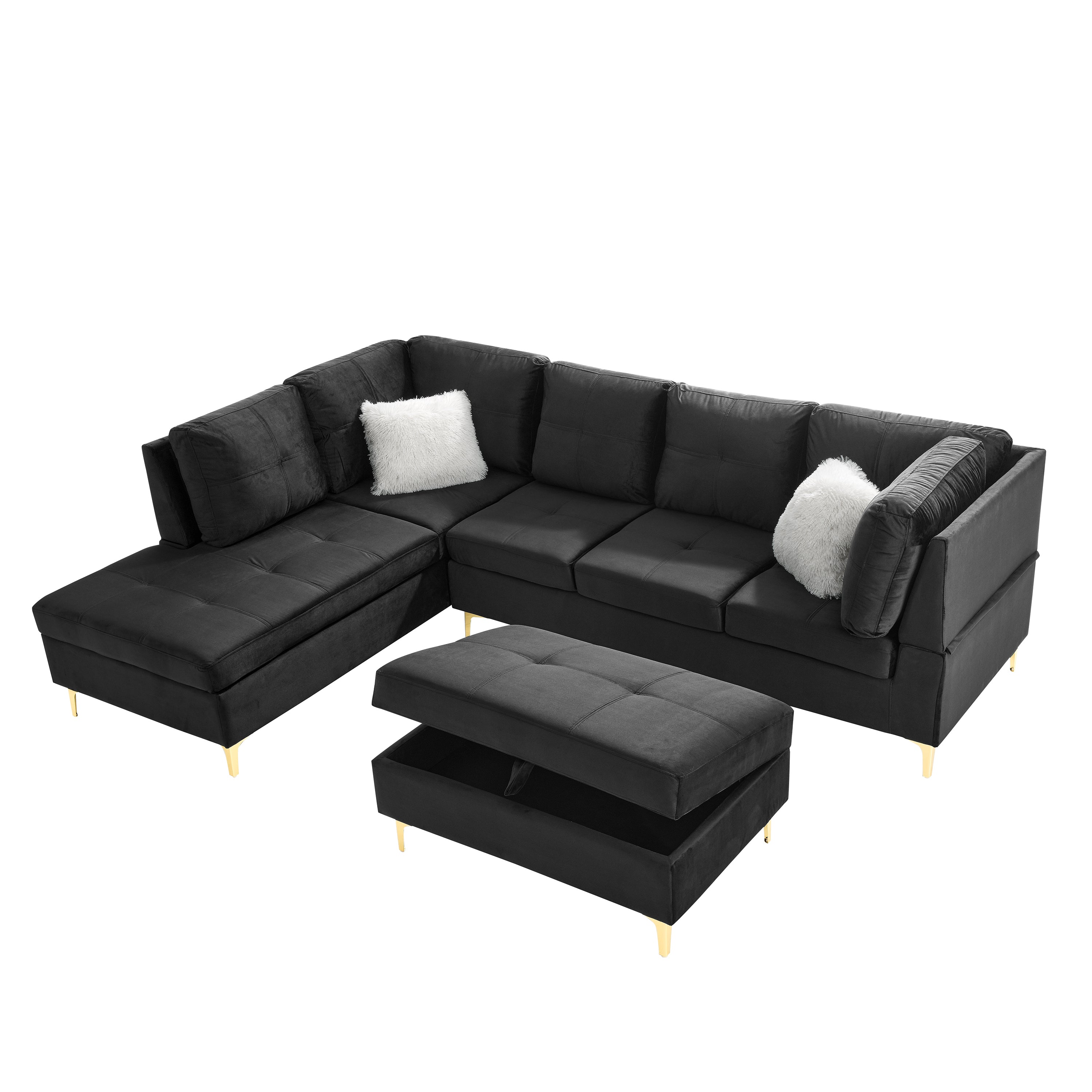 103" Velvet Sectional Sofa, L Shape Corner Couch with Storage Ottoman for Living Room, Black Fabric, Pocket Coil Spring in Seats, Chaise face Left