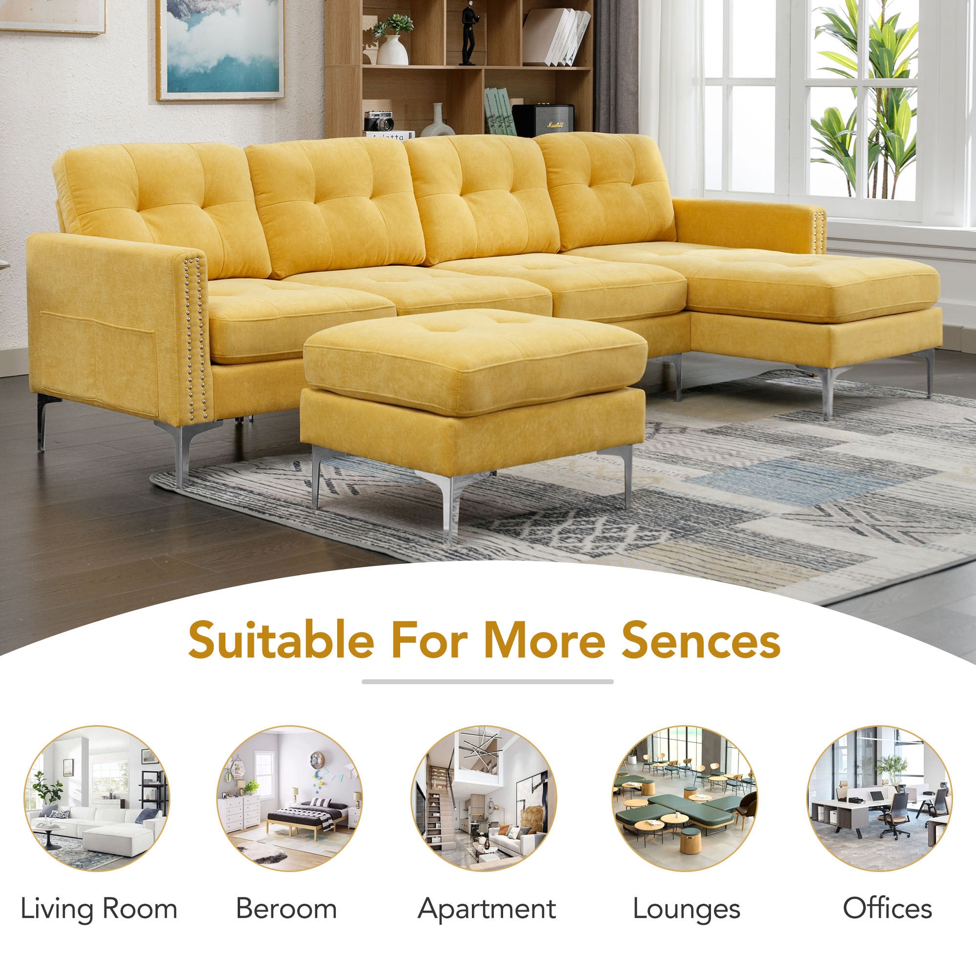 110" L-Shape Convertible Sectional Sofa Couch with Movable Ottoman for Living Room, Apartment, Office, Yellow