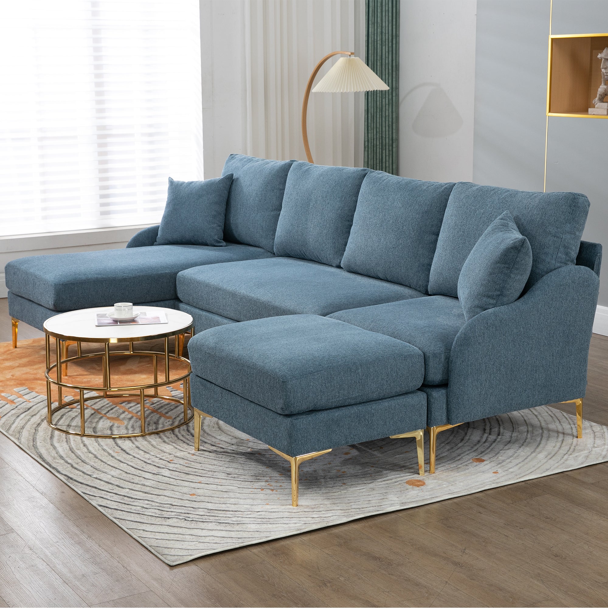 110'' Wide Reversible Left or Right Chaise of Sectional Sofa U-Shape Convertible Sofa Couch 4-Seat Couch with Chaise Lounge Upholstered for Living Room, Apartment, Office, Blue Polyester Blend