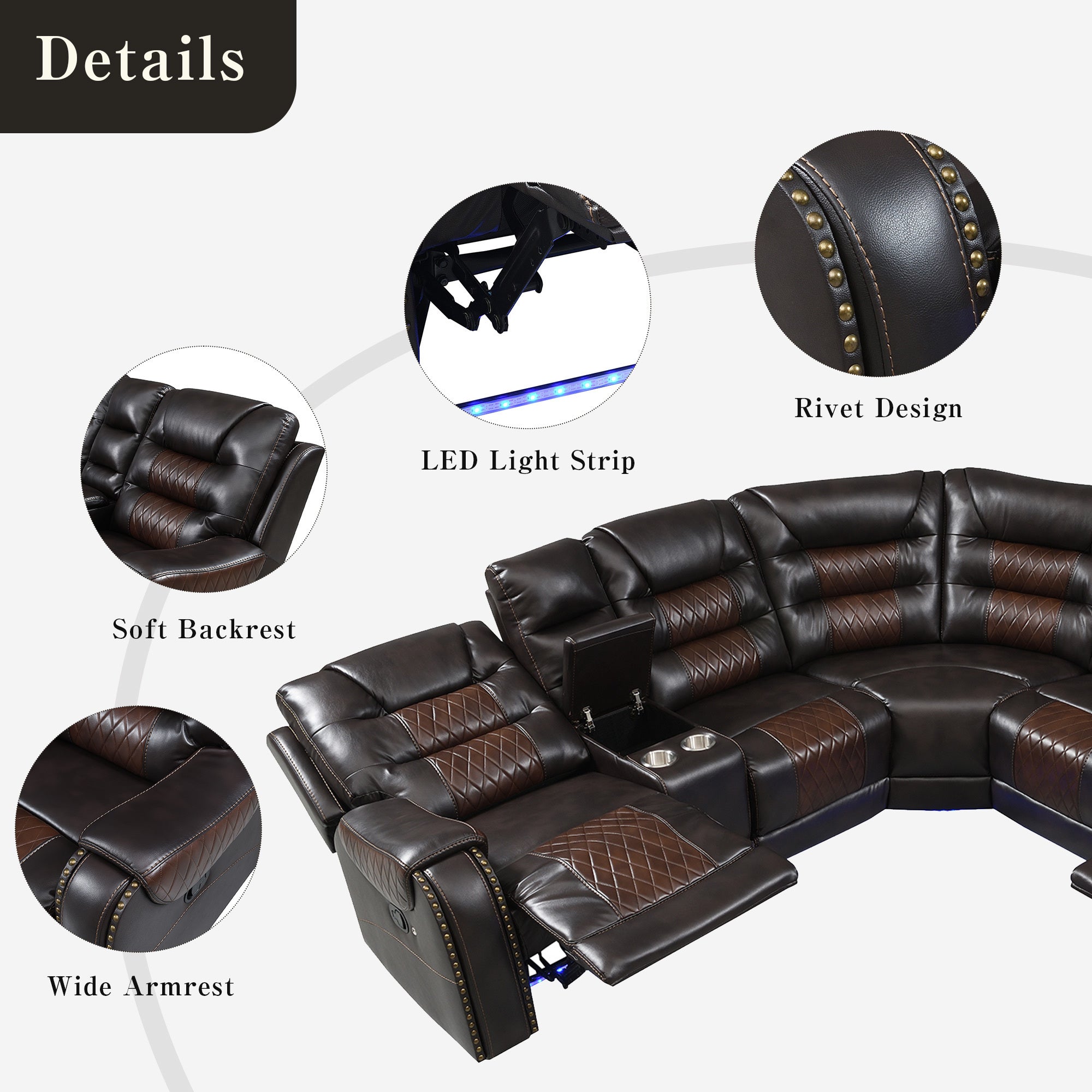 112.2" Manual Reclining Sectional Sofa Set L Shaped Symmetrical Motion Sofa Corner Couch Sets with Storage Boxes, 4 Cup Holders and LED Light Strip for Living Room, Brown