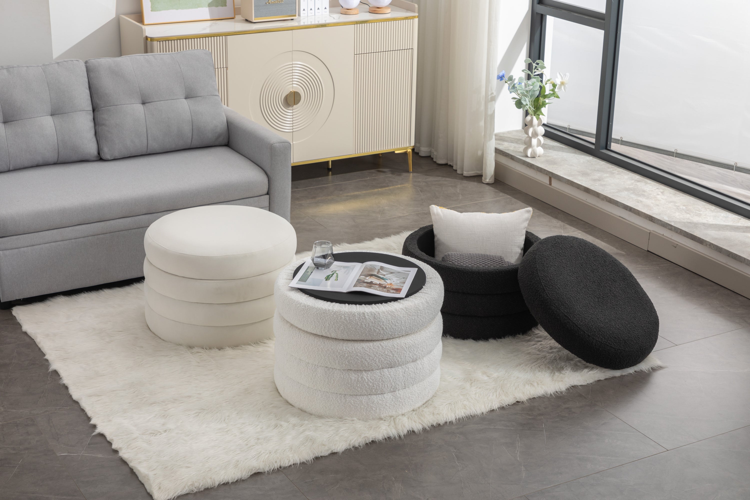 007-Velvet Fabric Storage Round Ottoman Footstool With Wooden Shelving,Light Gray