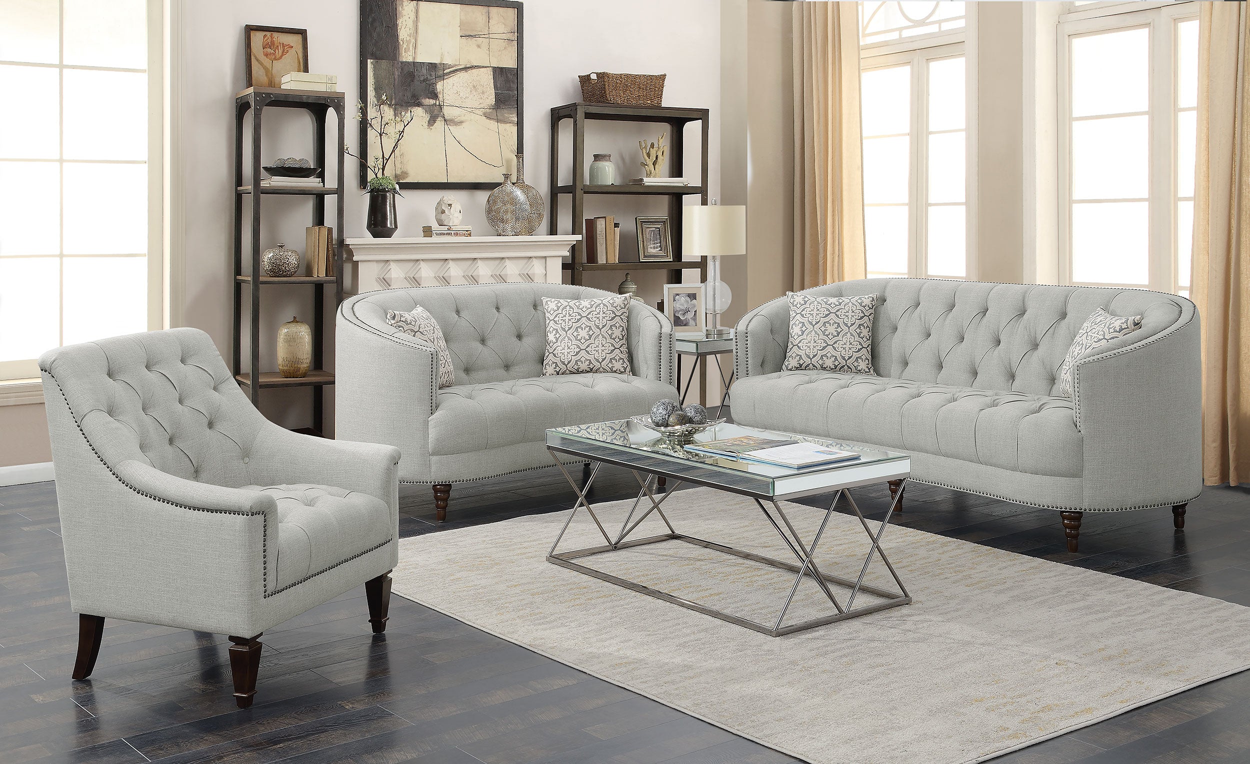 Avonlea Upholstered Tufted Living Room Set Grey Sofa Grey