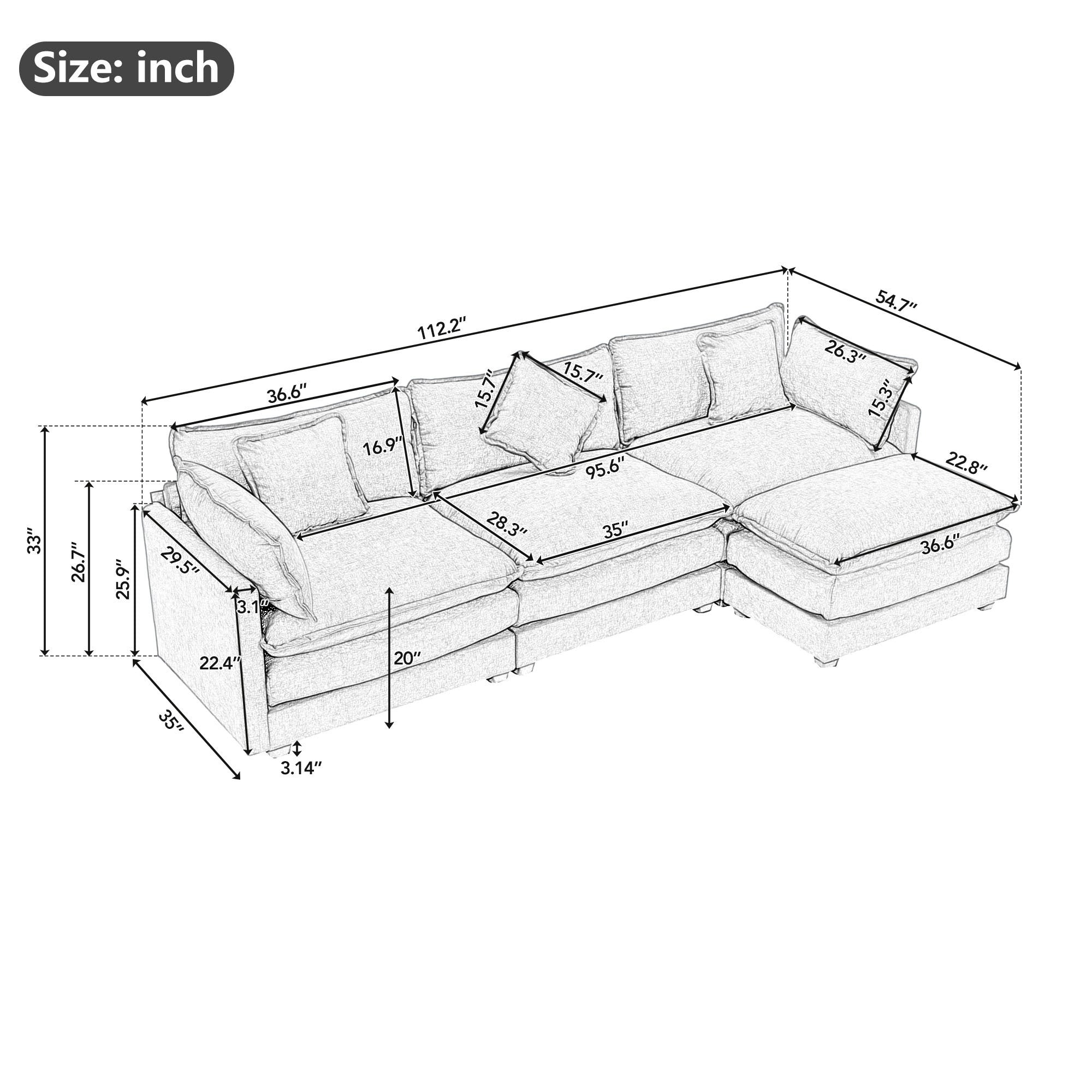 112.2" L-Shape Chenille Upholstered Sofa for Living Room Modern Luxury Sofa Couch with Ottoman, 5 Pillows, Gray