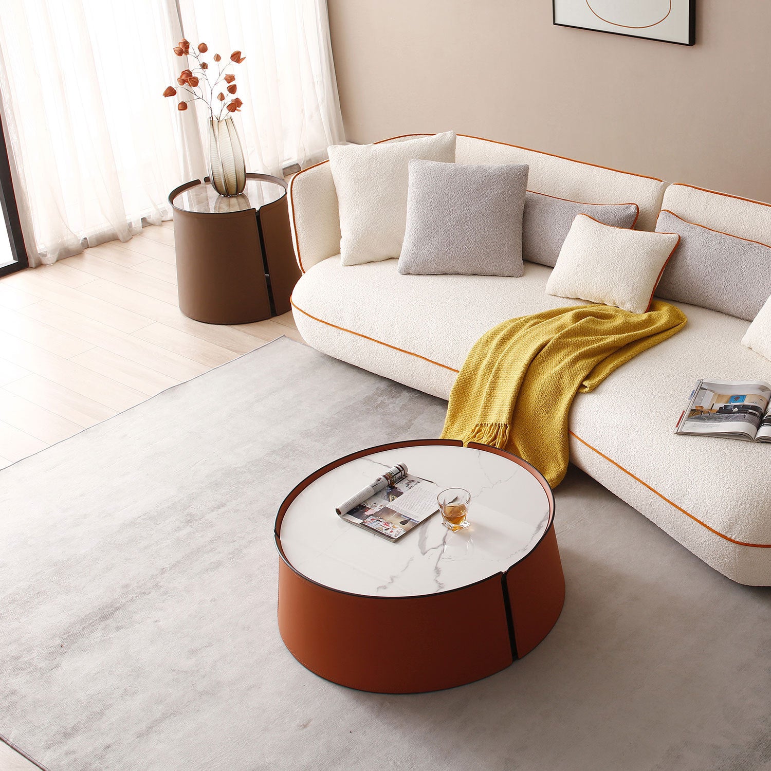 (NOT available on wayfair) 31.5inch Coffee Table, Marble Top+Orange Saddle Leather Body+Iron Frame