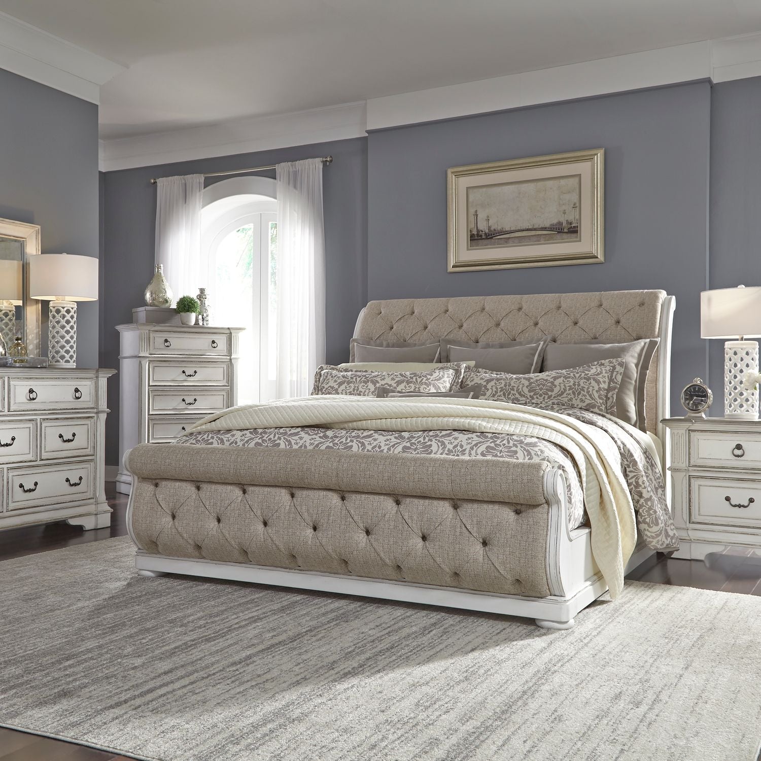 Alens Queen Upholstered Sleigh Bed, Dresser & Mirror, Chest, Night Stand