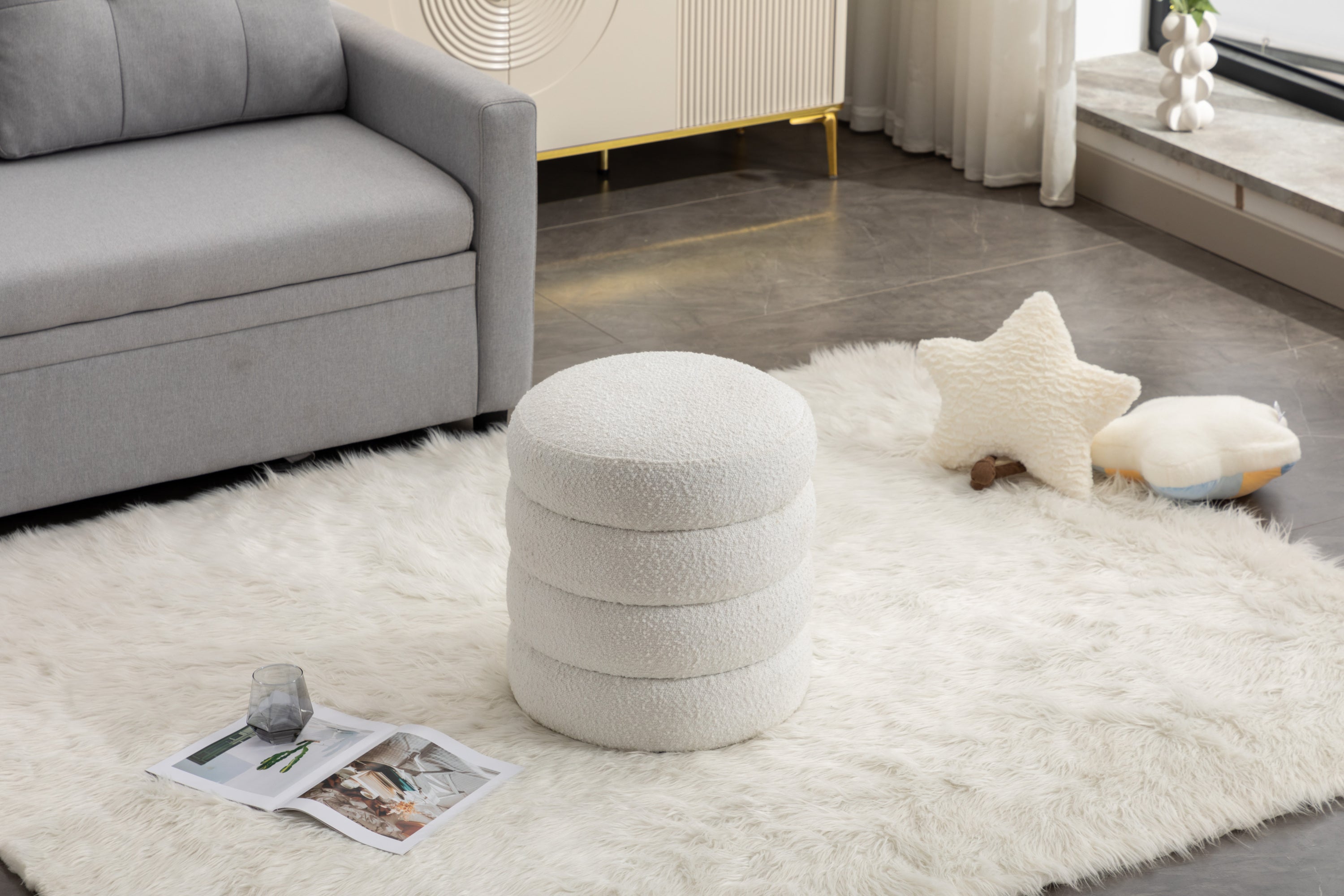 006-Soft Boucle Round Ottoman Footrest Stool,White