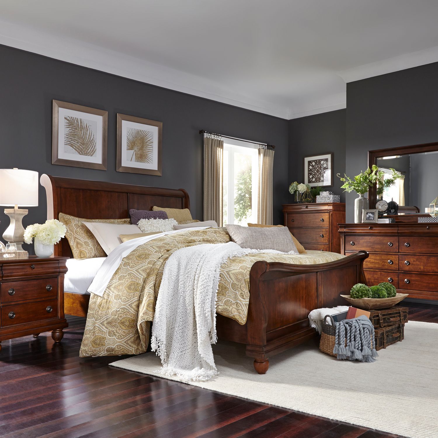 Brane Queen Sleigh Bed, Dresser & Mirror, Chest, Night Stand