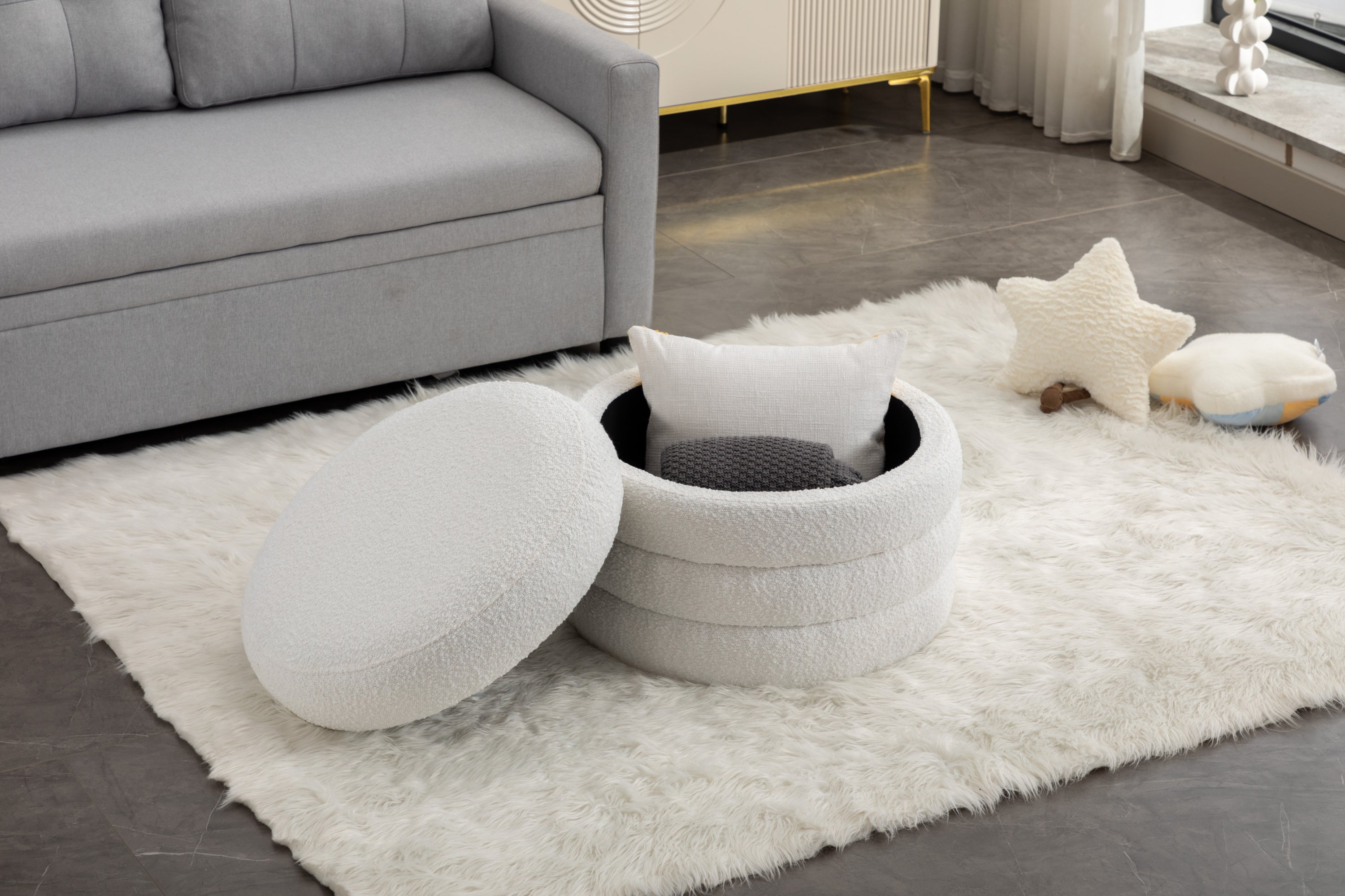 007-Boucle Fabric Storage Round Ottoman Footstool With Wooden Shelving,Ivory