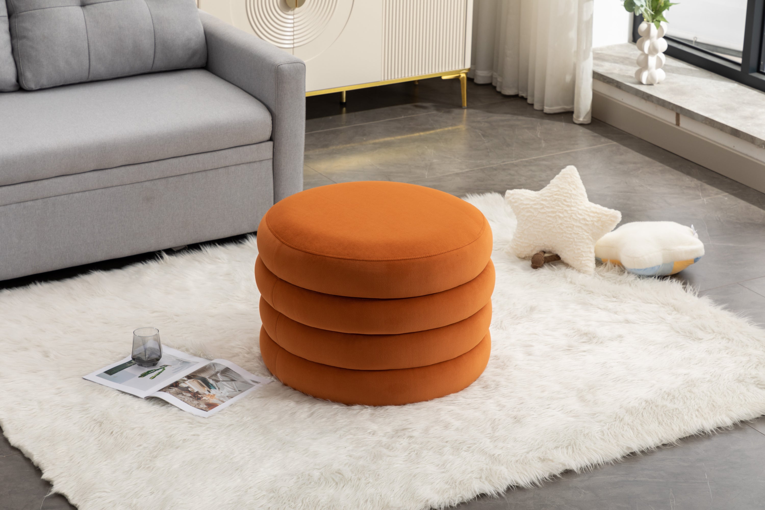 007-Velvet Fabric Storage Round Ottoman Footstool With Wooden Shelving,Orange