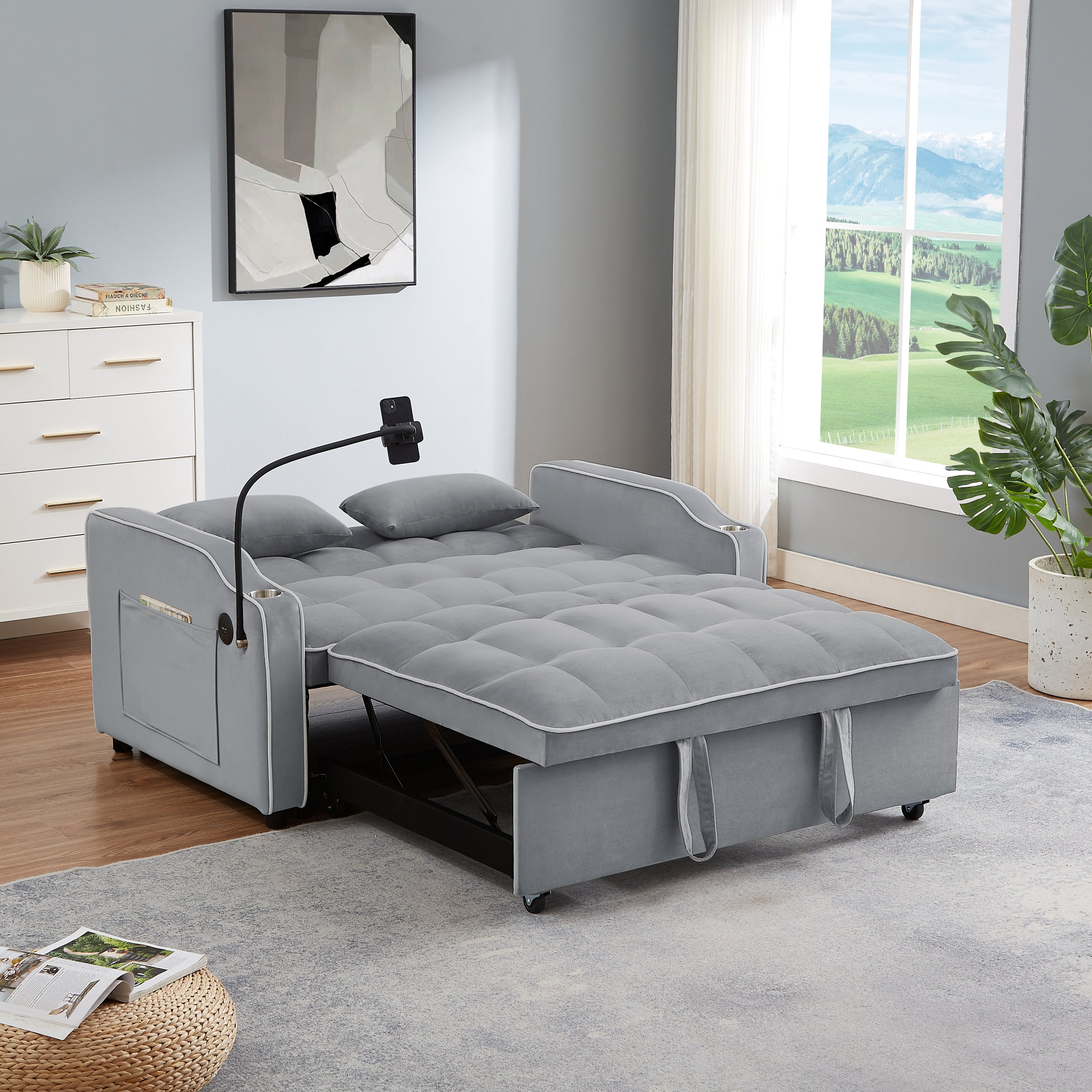 1 versatile foldable sofa bed in 3 lengths, modern sofa sofa sofa velvet pull-out bed, adjustable back and with USB port and ashtray and swivel phone stand (grey)