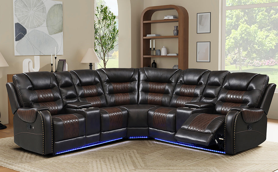 112.2" Manual Reclining Sectional Sofa Set L Shaped Symmetrical Motion Sofa Corner Couch Sets with Storage Boxes, 4 Cup Holders and LED Light Strip for Living Room, Brown