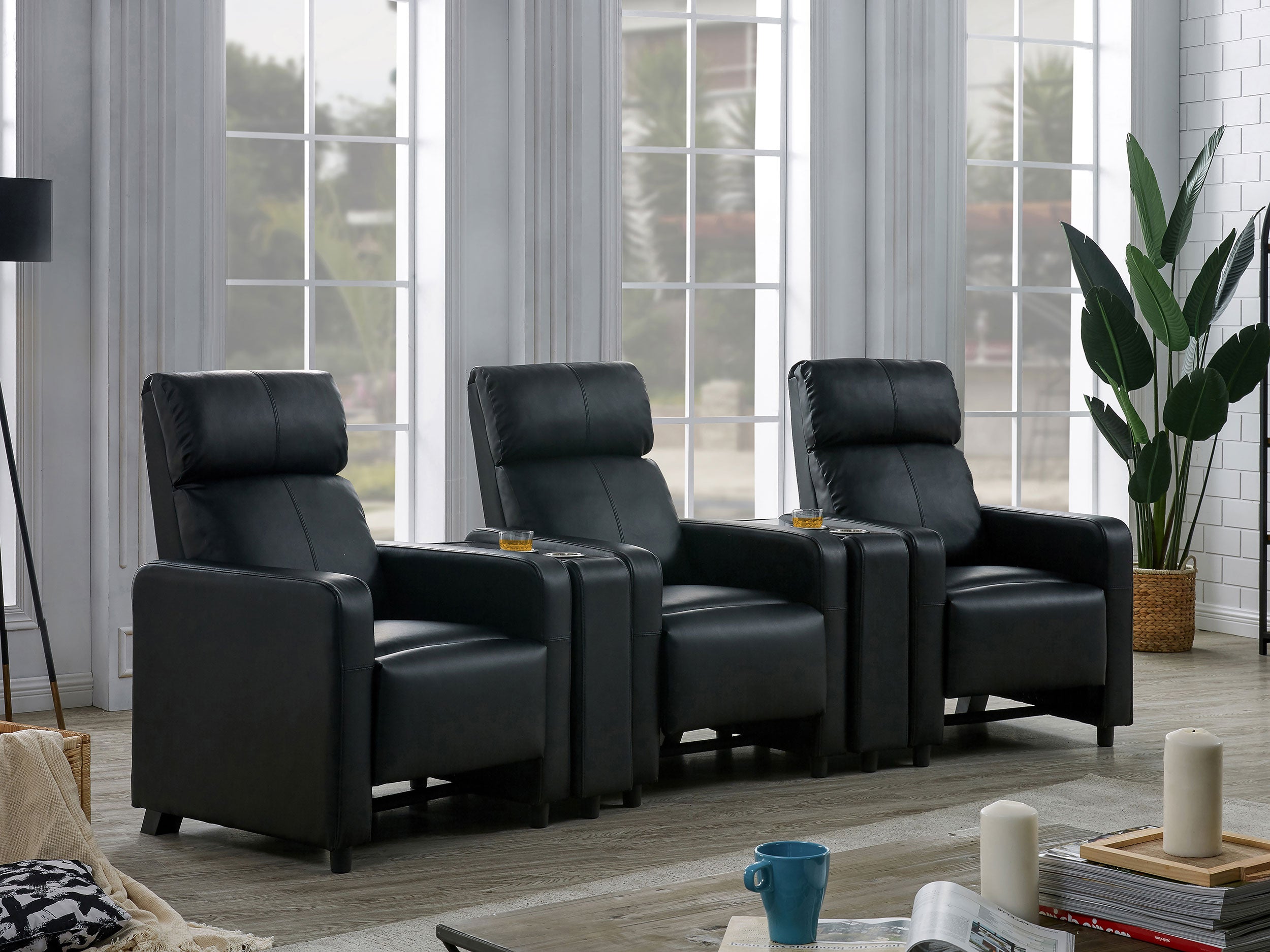 Toohey Upholstered Tufted Recliner Living Room Set Black Theater Seating