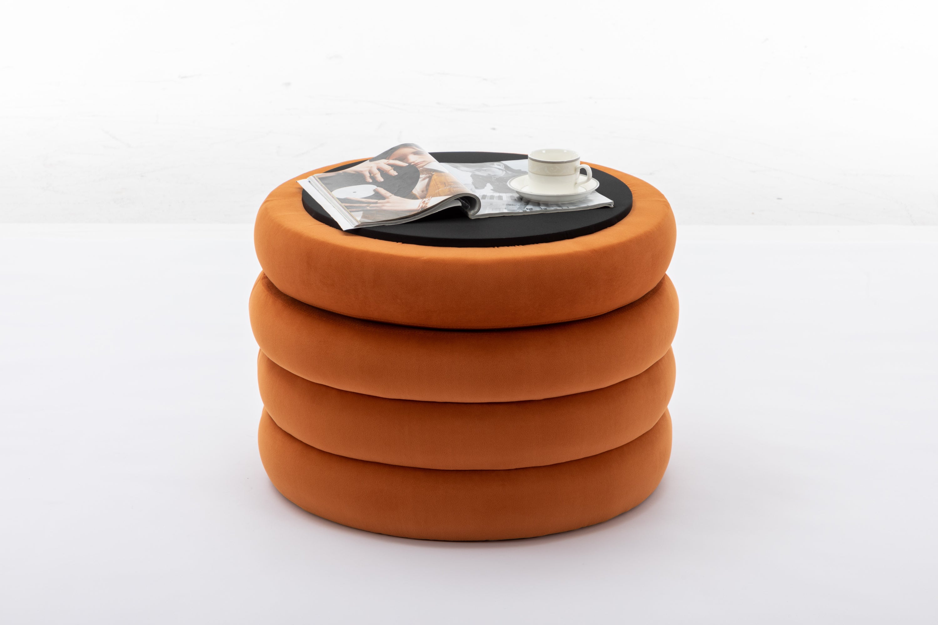 007-Velvet Fabric Storage Round Ottoman Footstool With Wooden Shelving,Orange