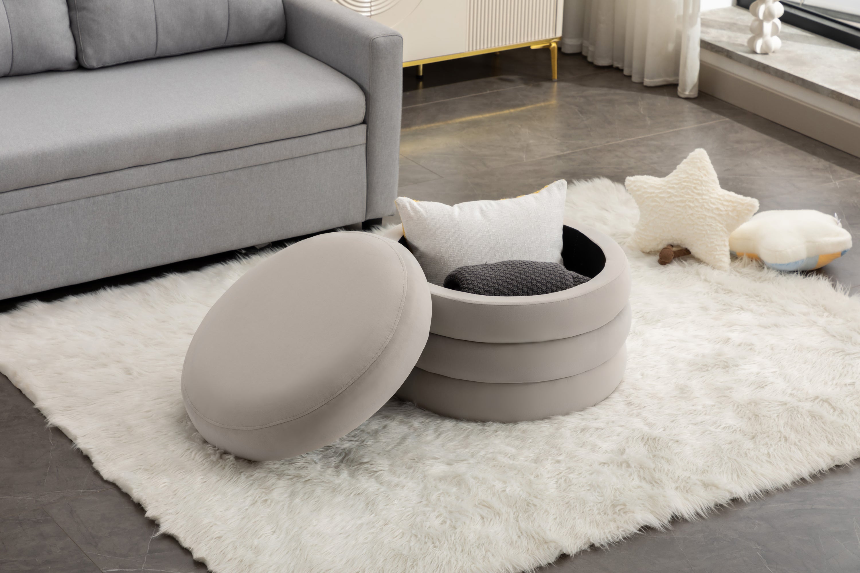 007-Velvet Fabric Storage Round Ottoman Footstool With Wooden Shelving,Light Gray