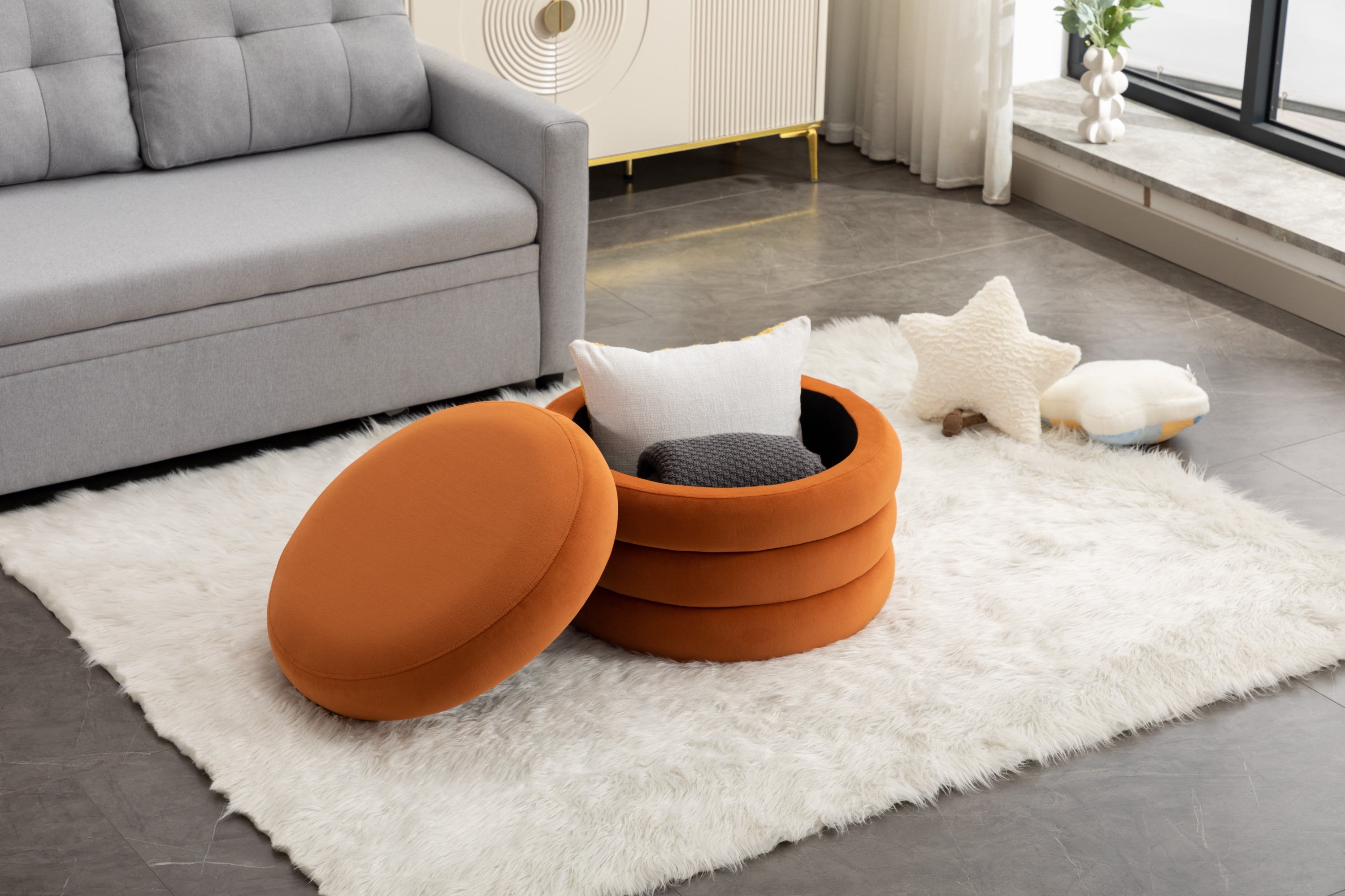 007-Velvet Fabric Storage Round Ottoman Footstool With Wooden Shelving,Orange