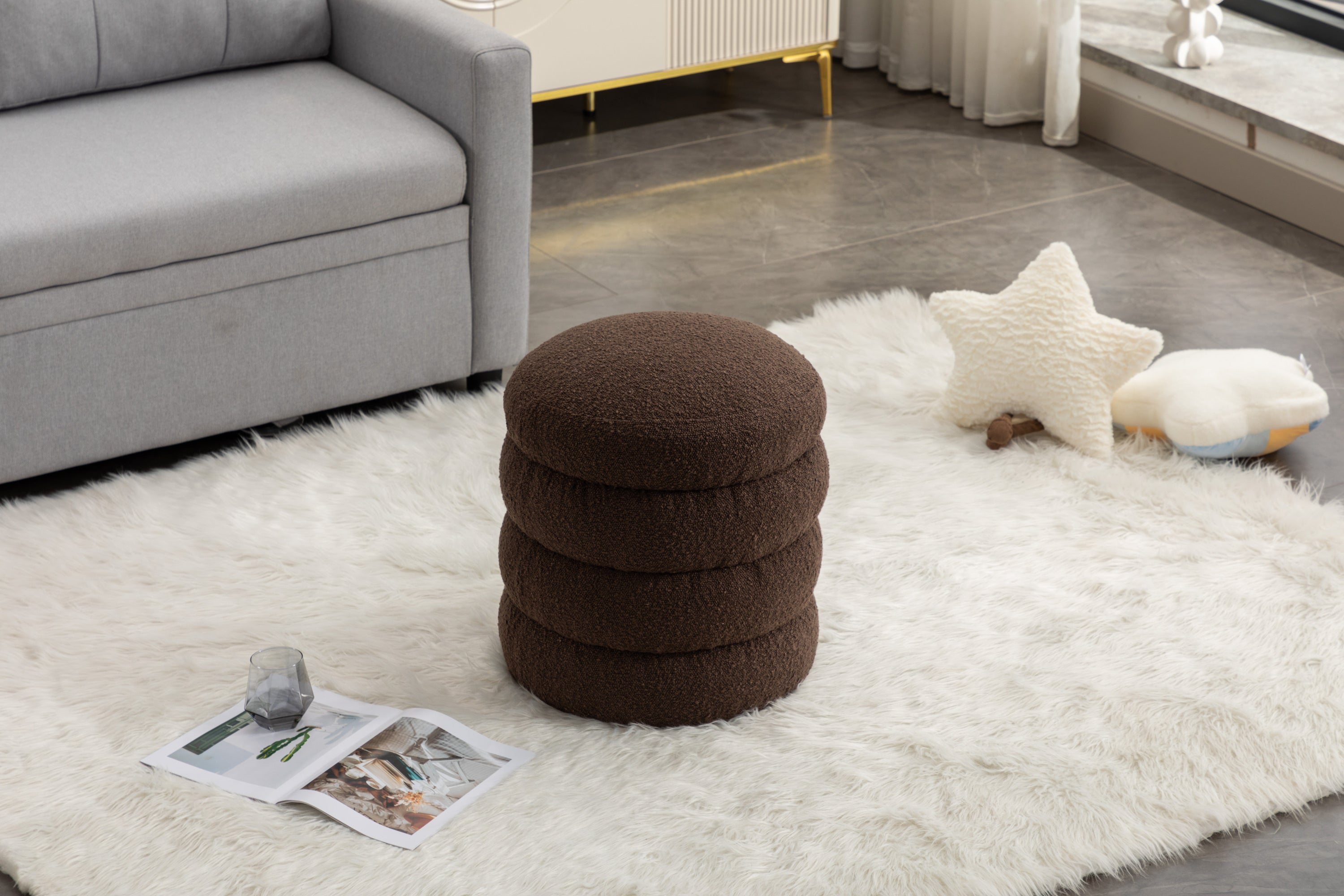 006-Soft Boucle Round Ottoman Footrest Stool,Brown