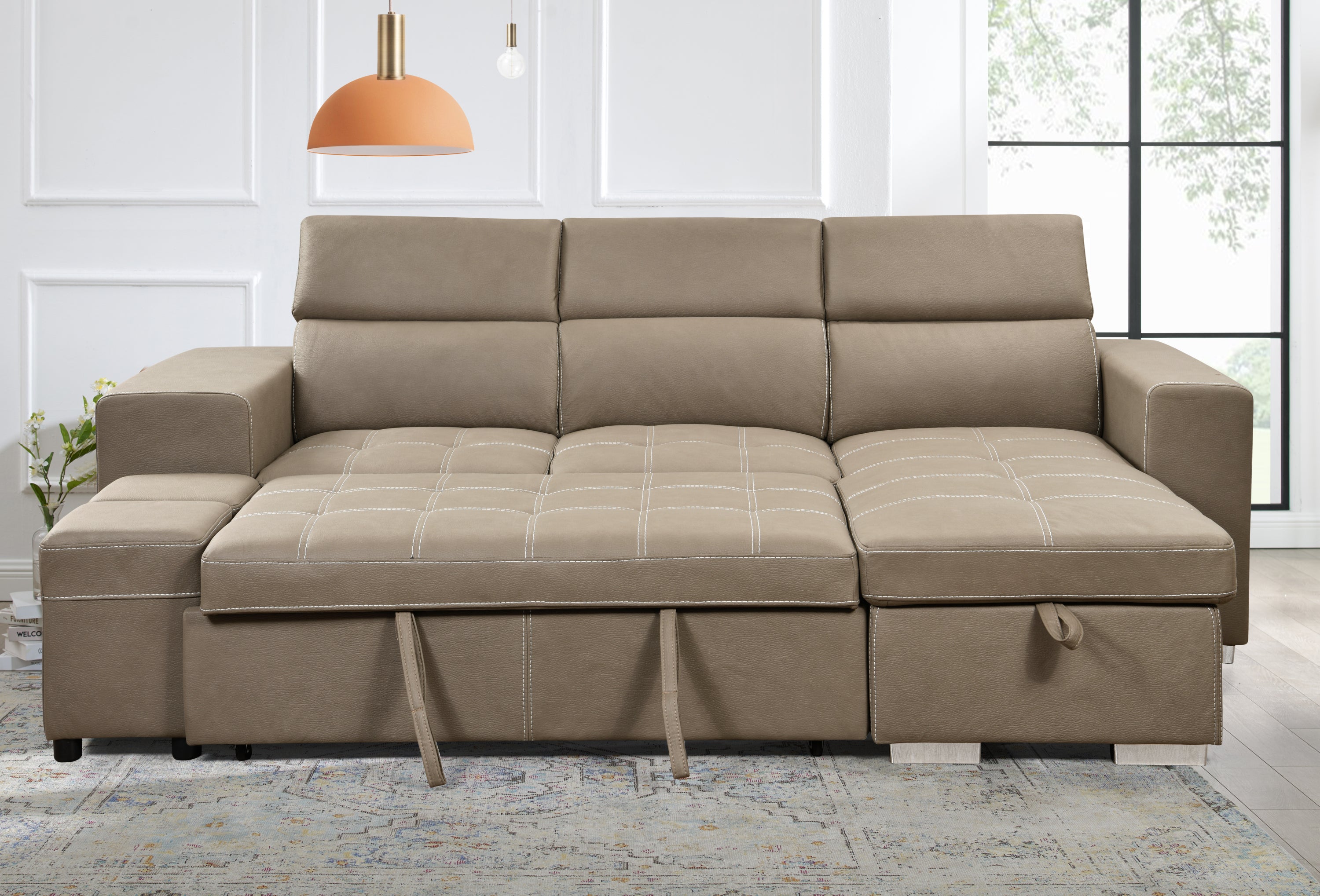 105 inch Reversible Sectional Sofa with Storage Chaise and 2 Stools, with Adjustable Headrest, Sleeper Contemporary Corner Sectional with Pull-Out Sleeper and Chaise ,Light Brown