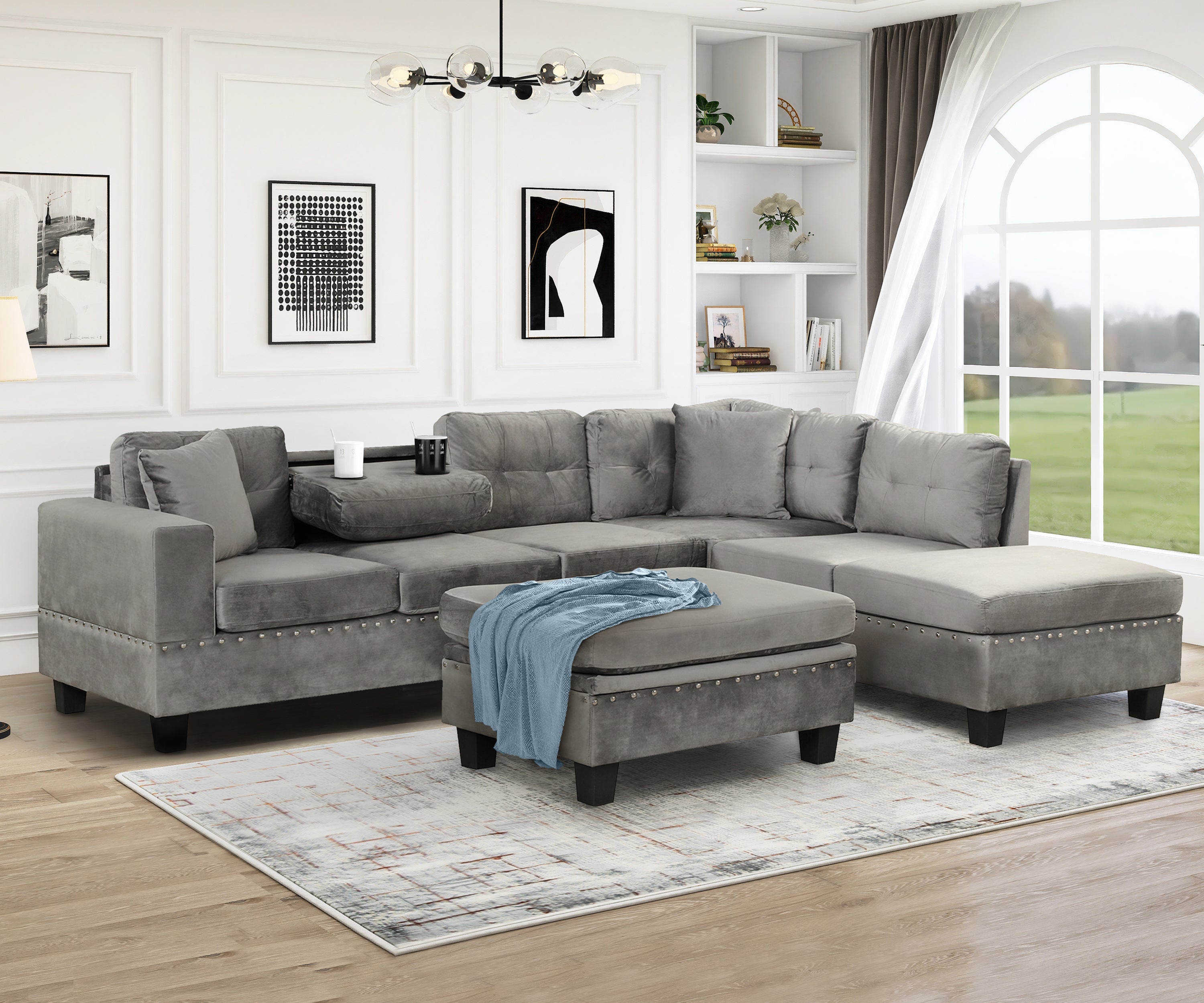 104.5" Modern Sectional Sofa with Storage Ottoman, L-Shape Couch with 2 Pillows and Cup Holder,Sectional Sofa with Reversible Chaise for Living Room,Gray