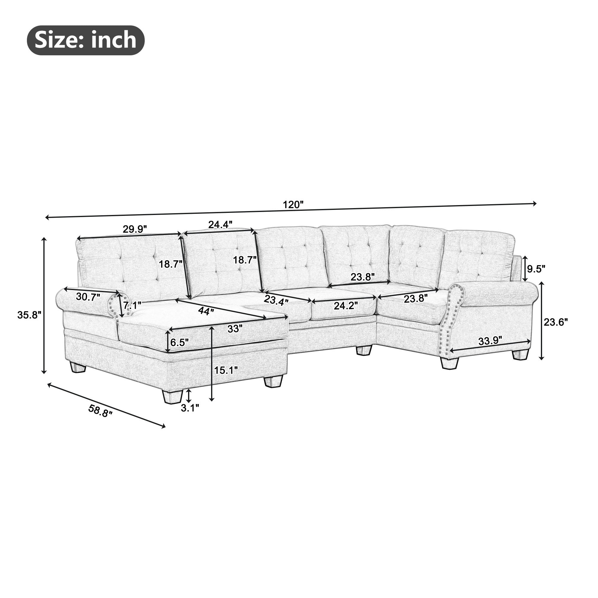 120" Modern U-Shaped Corner Sectional Sofa Upholstered Linen Fabric Sofa Couch for Living Room, Bedroom, Gray