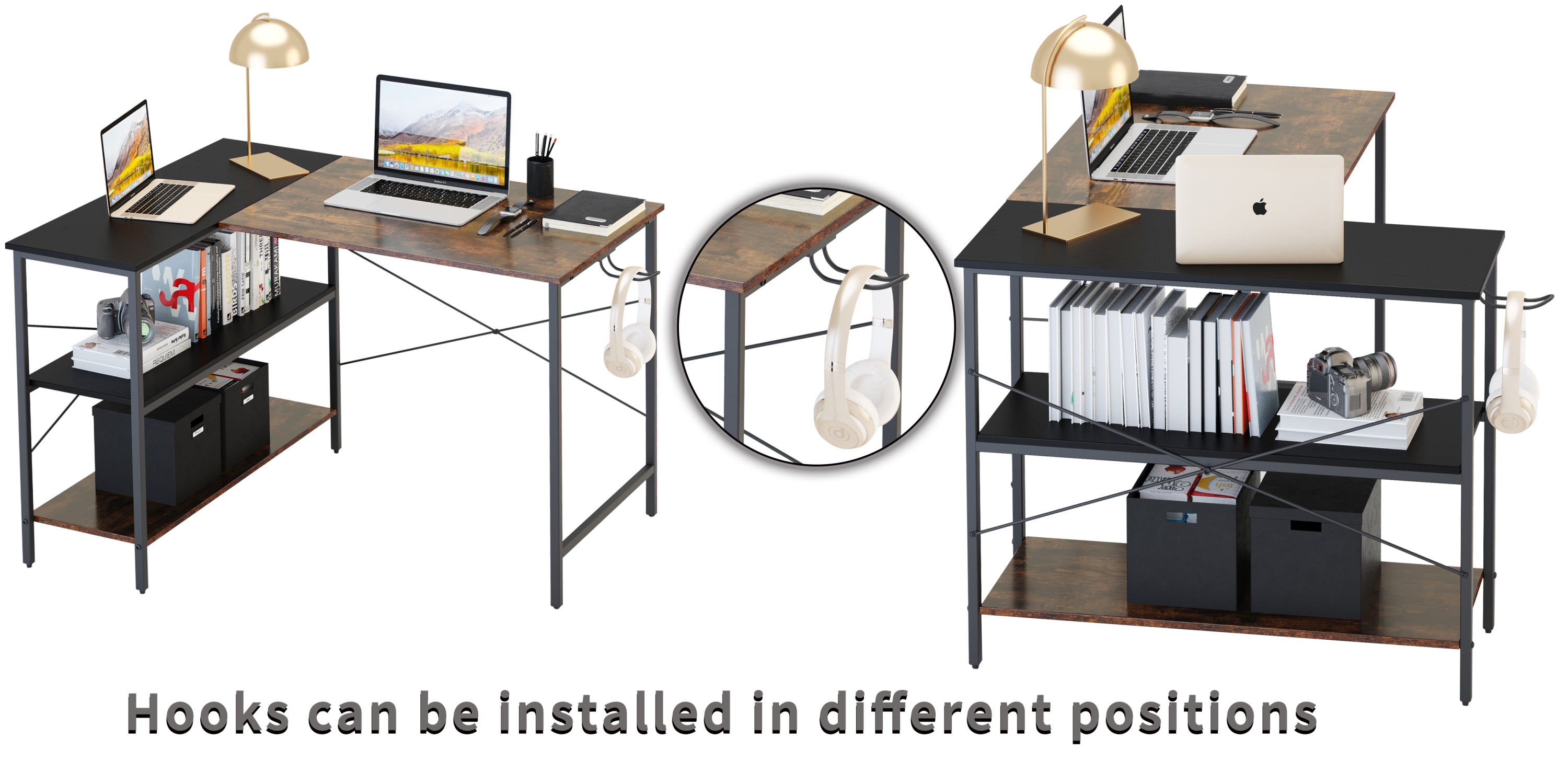 (West America Express shipping warehouse，two days to deliver goods)L-shaped black linen + retro double color matching desk