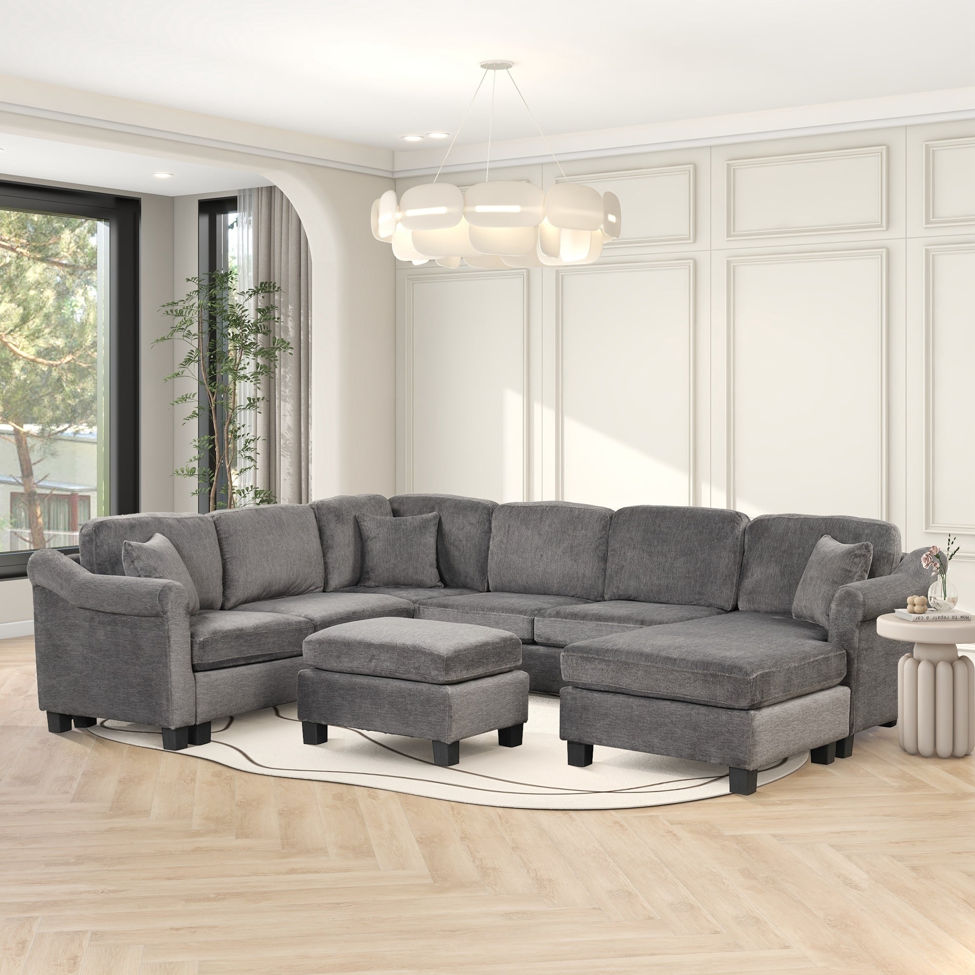 122.1" *91.3" 4pcs Sectional Sofa with Ottoman with Right Side Chaise velvet fabric Dark Gray