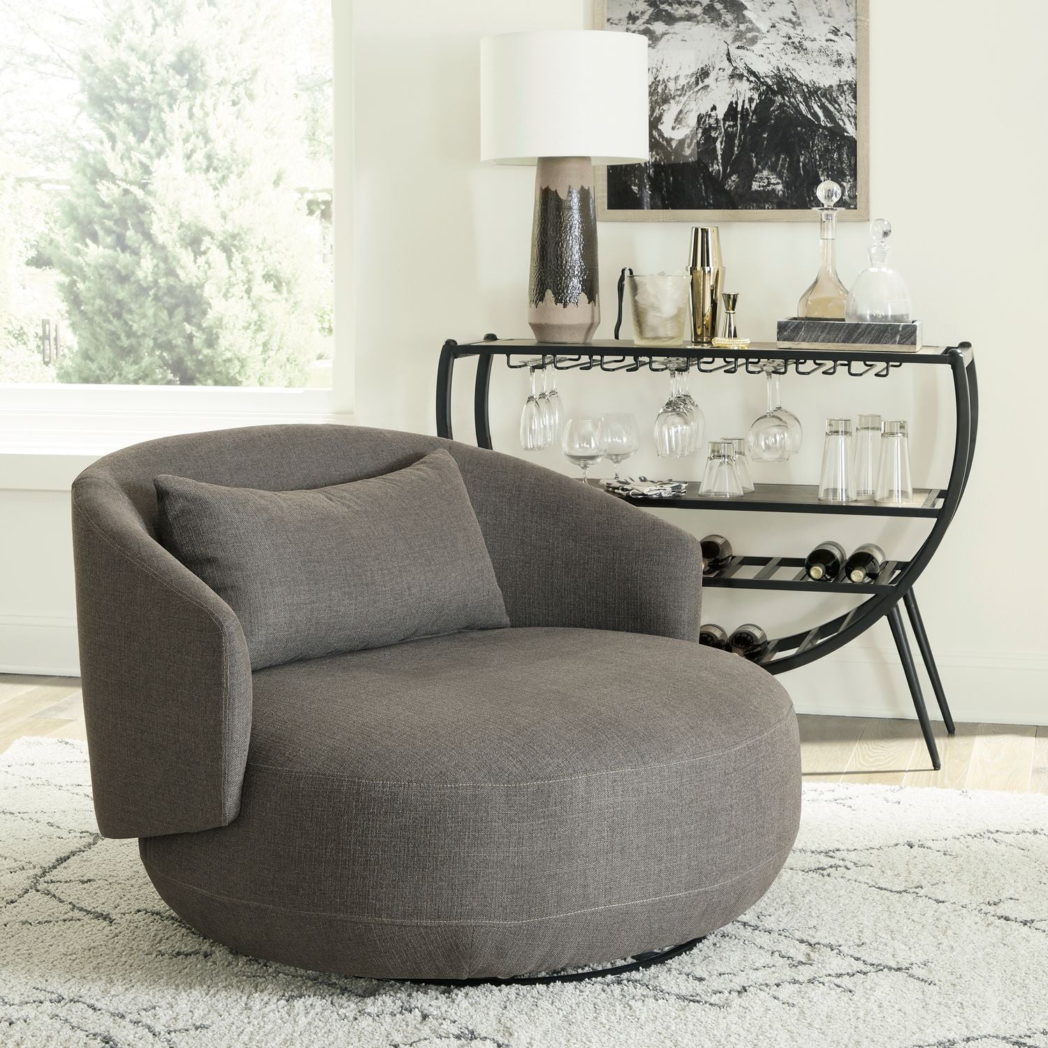 Cassundra Upholstered Swivel Cuddler Chair - Charcoal