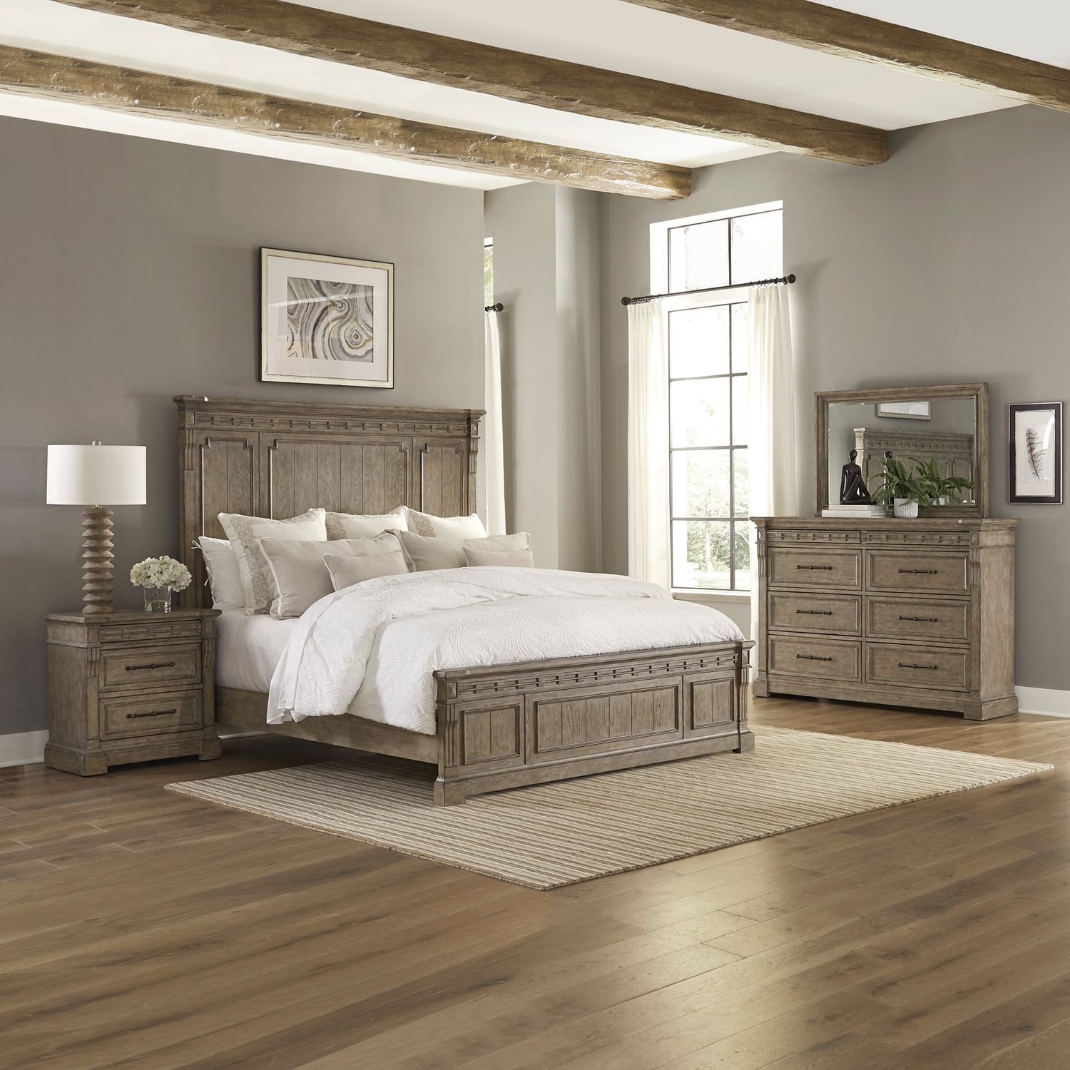 Androvale King Panel Bed, Dresser & Mirror, Night Stand