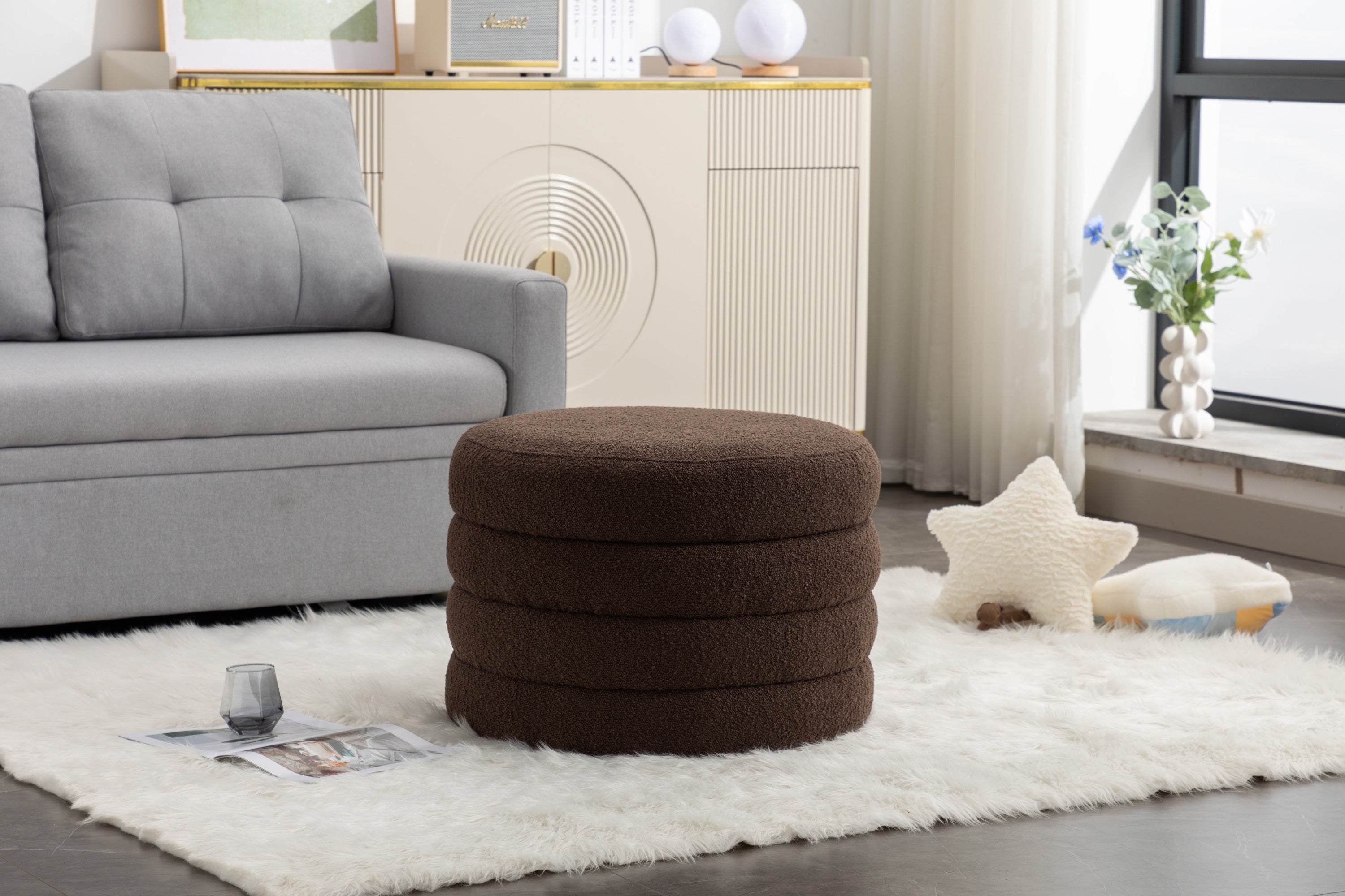 007-Boucle Fabric Storage Round Ottoman Footstool With Wooden Shelving,Brown