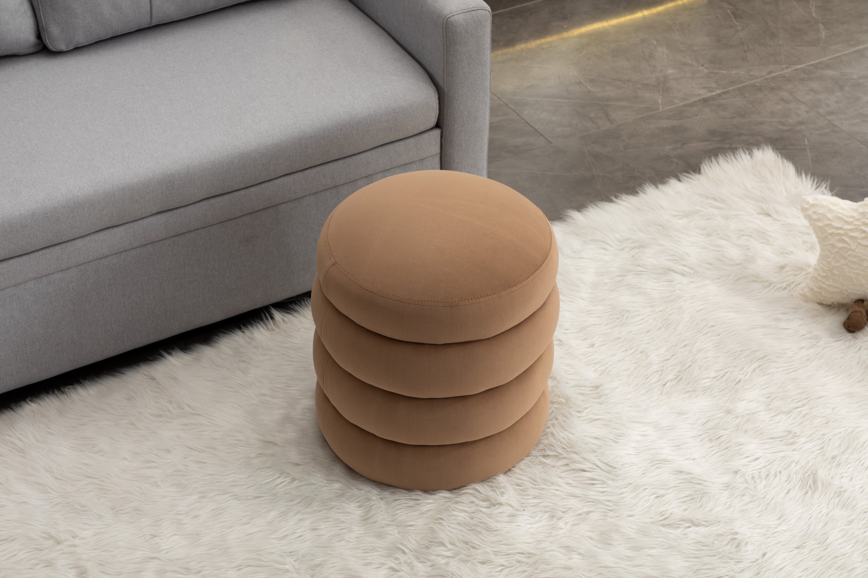 006-Soft Velvet Round Ottoman Footrest Stool,Coffee