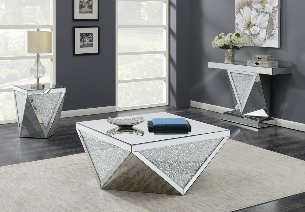 Amore Square Coffee Table with Triangle Detailing Silver and Clear Mirror