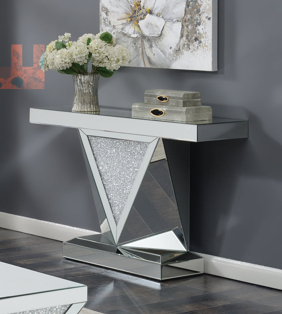 Amore Rectangular Sofa Table with Triangle Detailing Silver and Clear Mirror